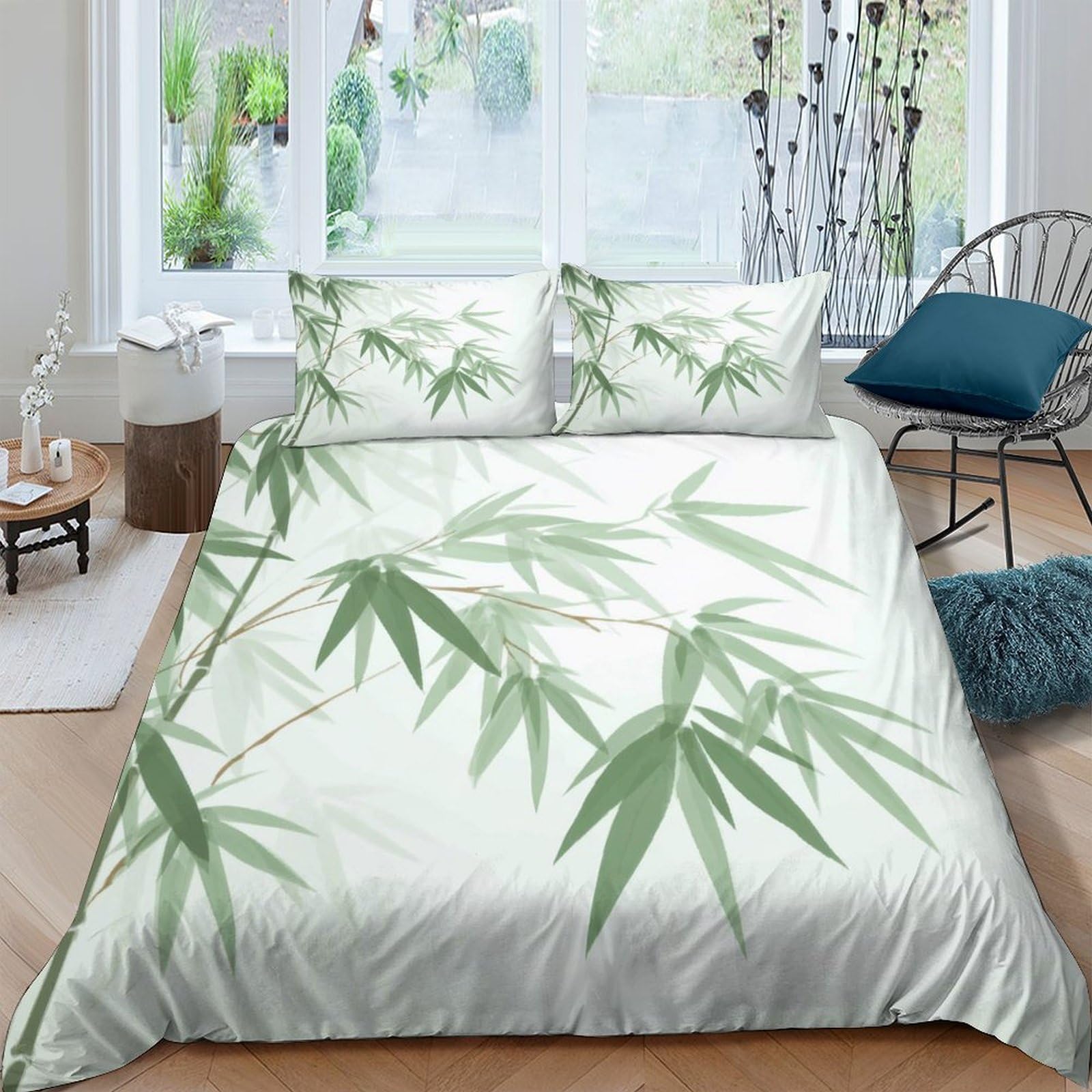 GPLZQXKJNH 3D Printed Green Bamboo Duvet Cover Microfiber Soft Breathable Nature Leaves Bedding Set with 2 Pillowcases for Bedroom Decor Single（135x200cm）