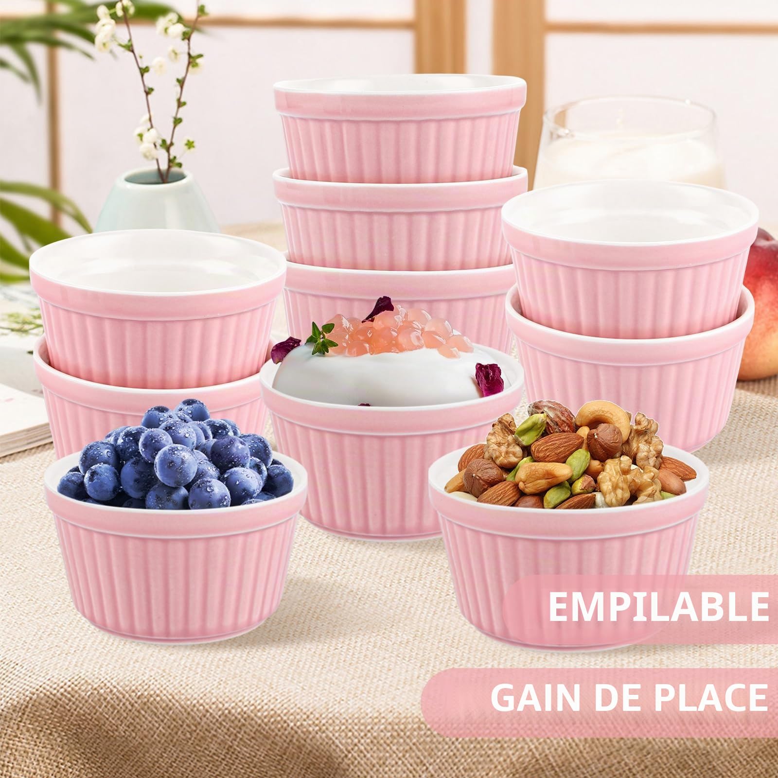 SHUESS Ramequin crème brûlée lot de 12, 200 ml rose, bols en céramique 9 cm pour four et micro-ondes, moules à soufflé empilables, ramequins individuels pour desserts, sauces et snacks
