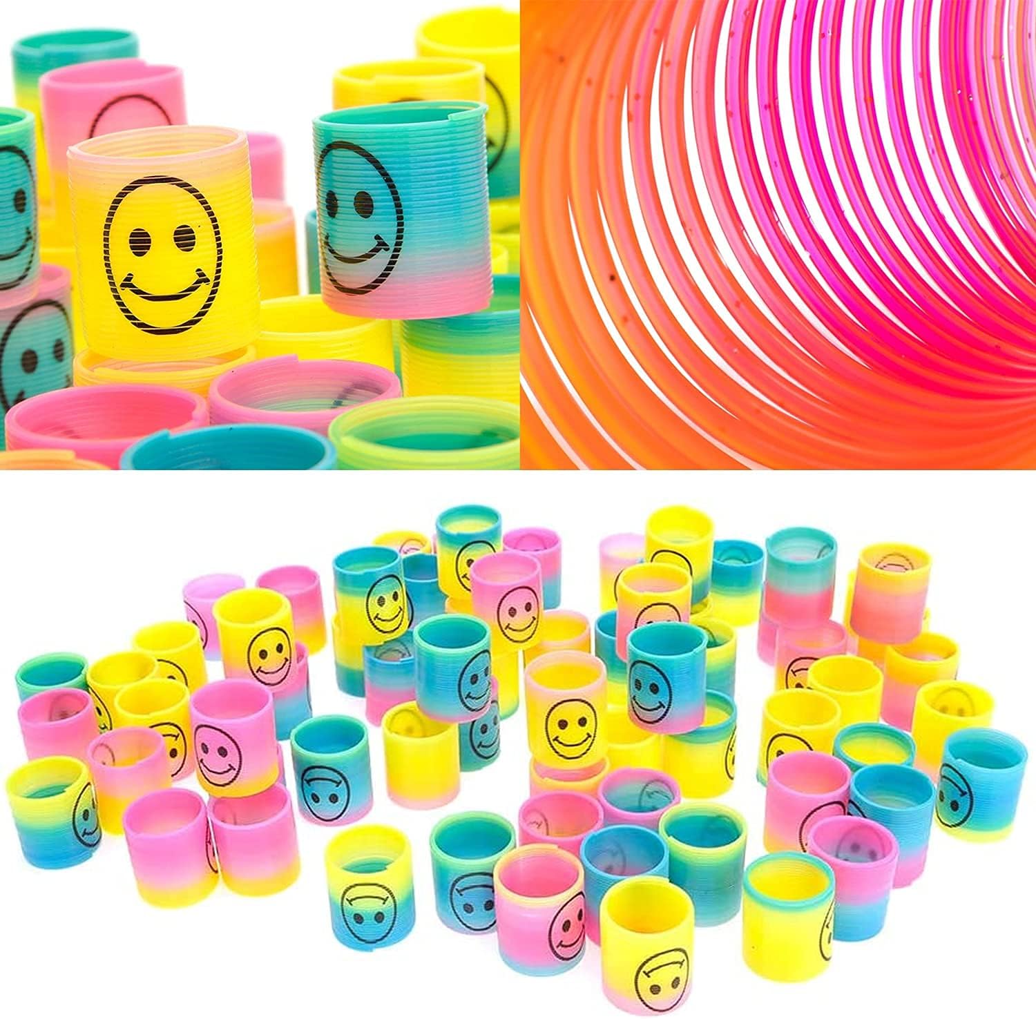 72 PCS Mini Emoticon Smile Happy Face Rainbow Springs Party Favors in Storage Bucket - Bulk Set of Plastic Magic Coil Stretch Stress Toys for Kids Birthdays, Carnival Prizes, Goodie Bag Stuffers