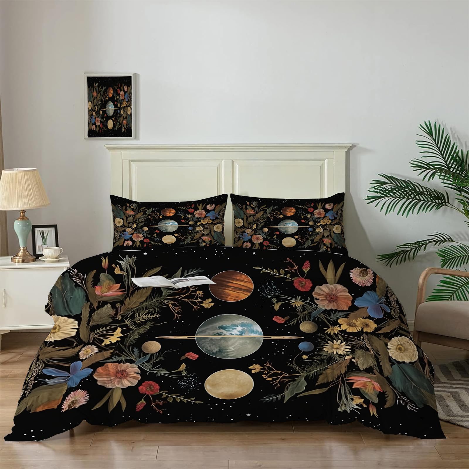 Housse de couette système solaire et plantes 240x260 pour chambre fille
