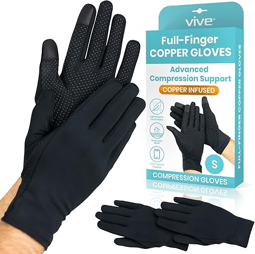 Vive Guantes de cobre para artritis de dedo completo negro pequeño