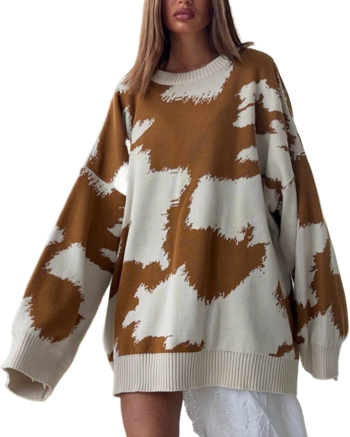 Cow Print Sweater Loose Fit Long Sleeve Knit Pullover Casual Soft Comfortable Fashion Oversized Daily Wear