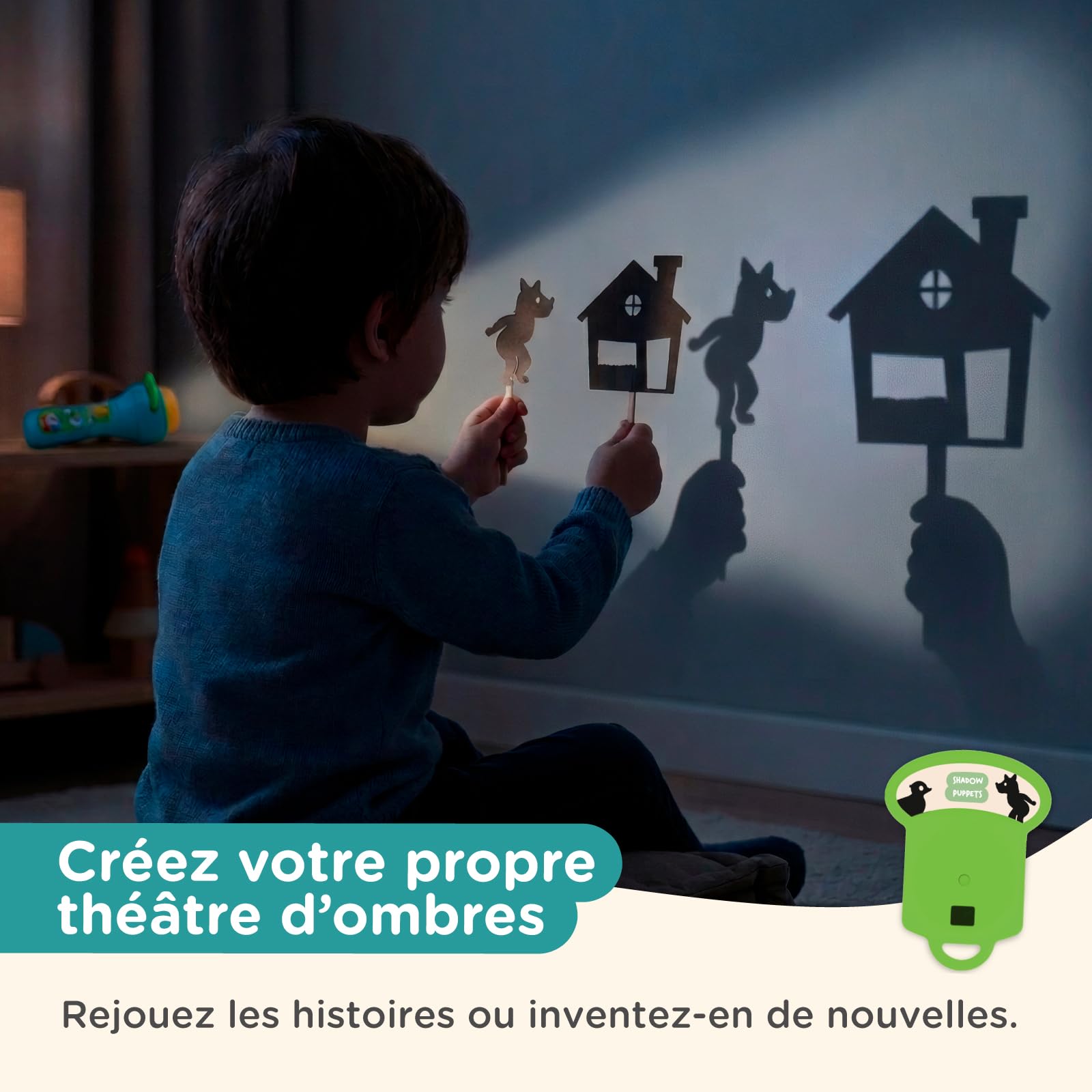 Nene Toys Livre de Contes avec Projecteur Lampe Torche & Marionnettes d’Ombres pour Enfants dès 3 Ans – 4 Histoires Classiques en 5 Langues, Coffret d’Histoires du Soir
