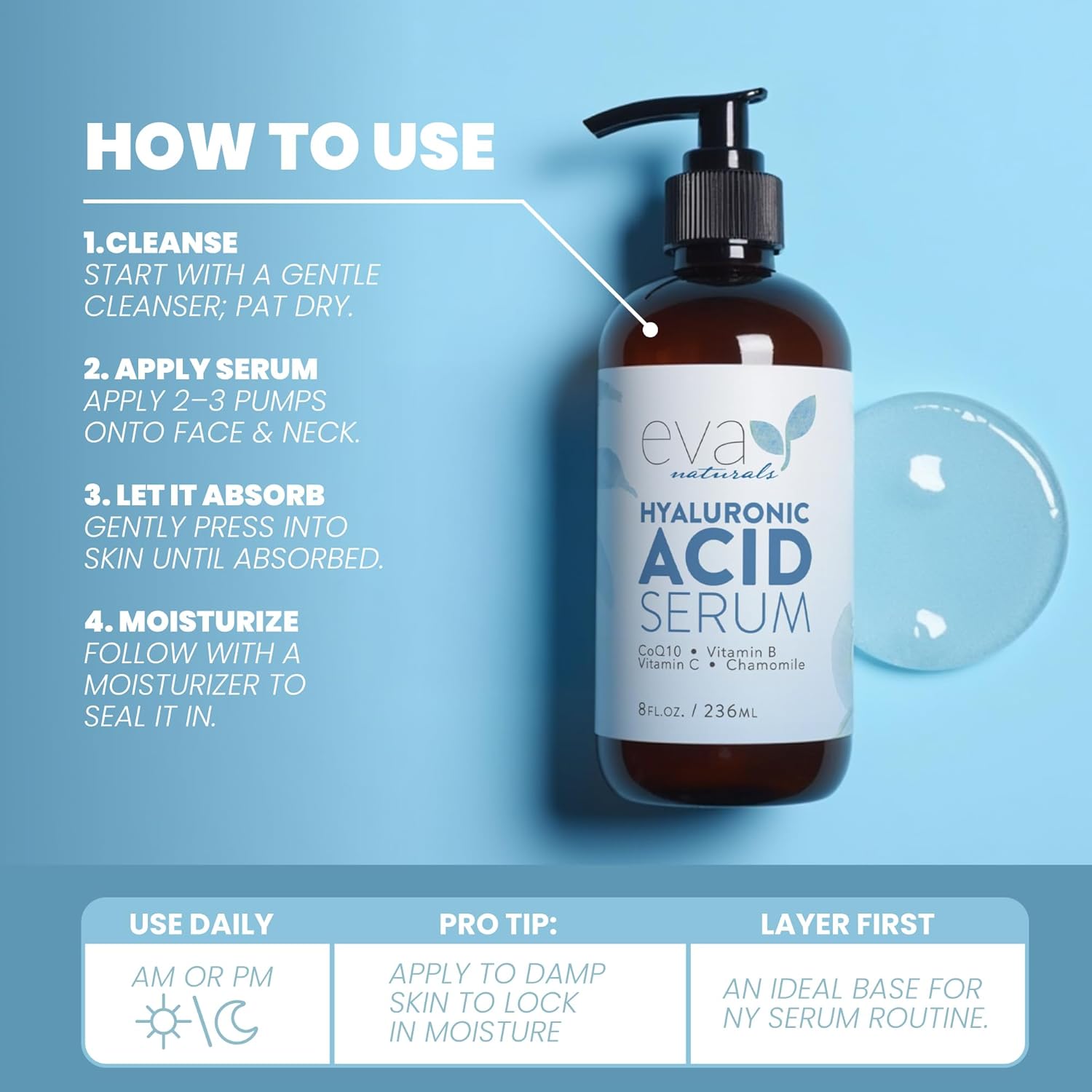 Eva Naturals Anti-Aging Hyaluronic Acid Serum For Face - Professional & Potent Hydrating Anti-Wrinkle Formula For Fine Line & Uneven Skin Tone - Contains Vitamin C, B, & E, Paraben Free (8 Oz) - Image 4