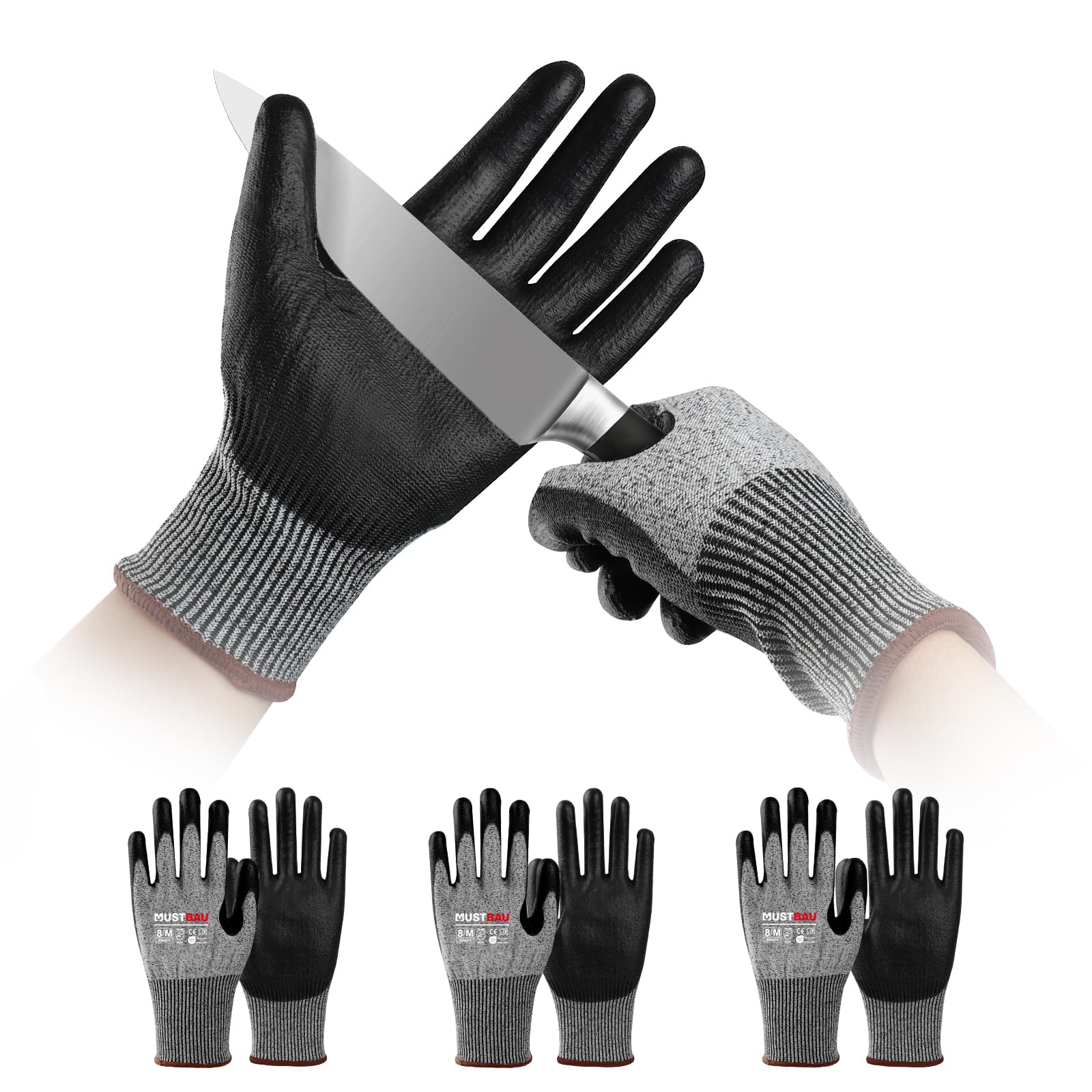 Mustbau 3 works Cut Resistant Gloves Safety Work Gloves for Men PU Coated Palm Cut Proof Gloves with Reinforced Thumb