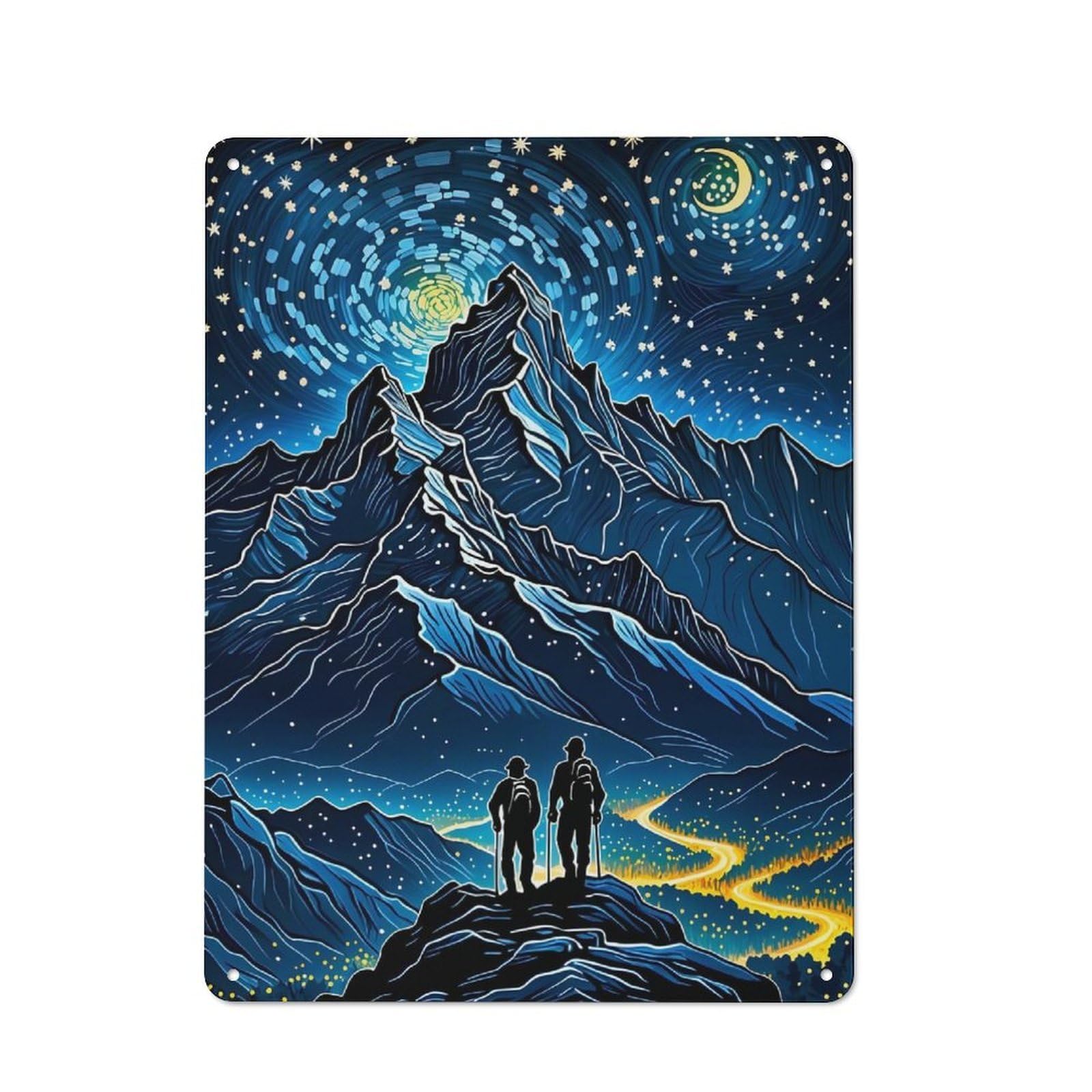Junmoney Mountain Climber Starry Night Vintage Metal Plaque 40X30cm For Home Office Or Studio, Seasonal Metal Wall Decor For Winter Interiors