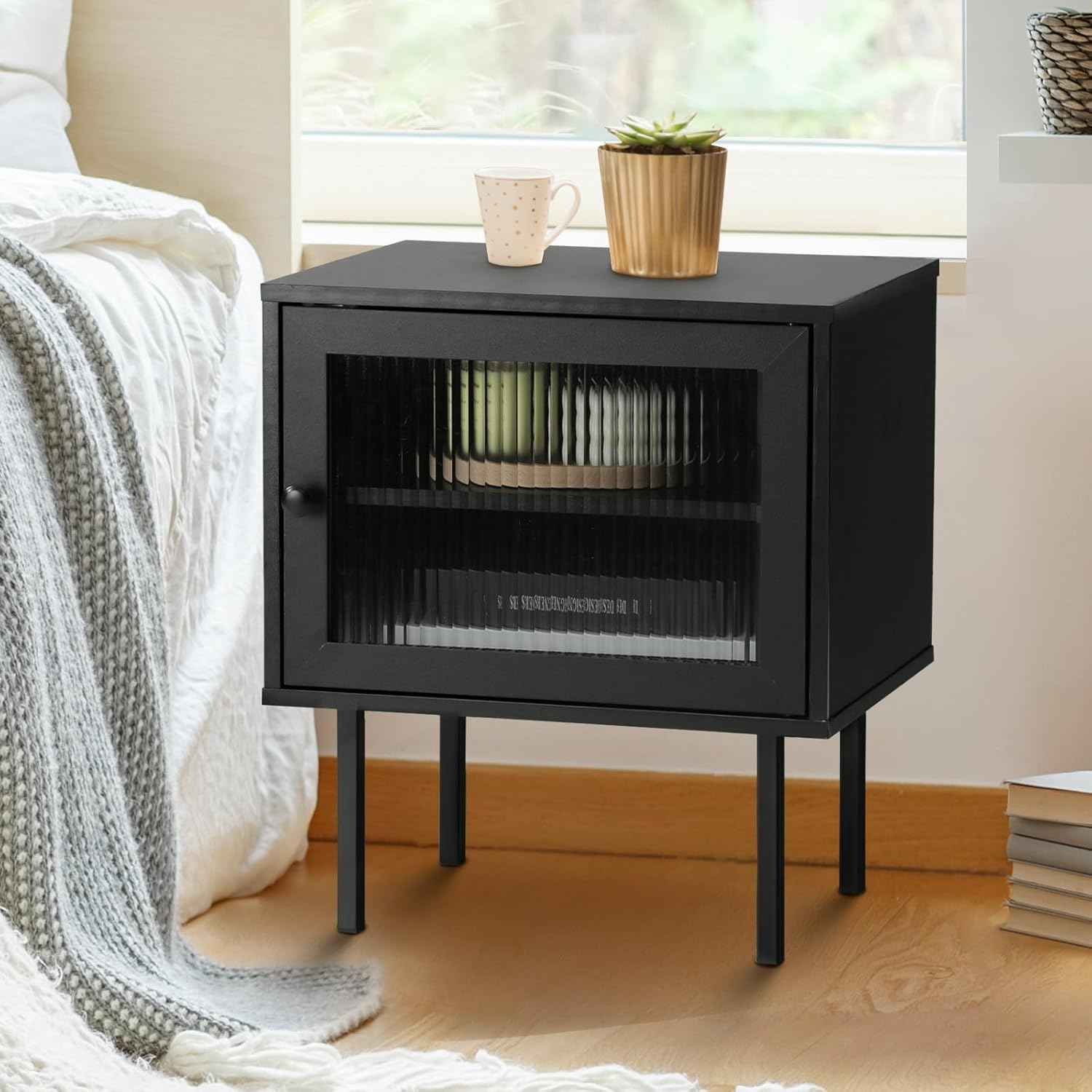Oikiture Black Bed Side Table with 2 Shelves and Display Door : Amazon ...