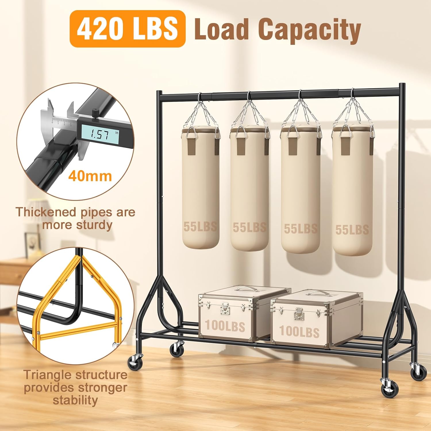 eagmak heavy duty clothes rack load 420 lbs, rolling garment rack with lockable wheels, standing metal clothing rack, portable wardrobe sturdy coat rack for hanging clothes (black, 59″ã—18.9″ã—63″) 59″ã—18.9″ã—63″ black