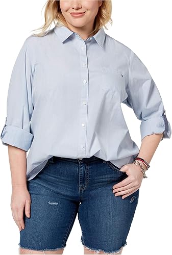 Tommy Hilfiger Camisa con cuello de botón para mujer con mangas ajustables