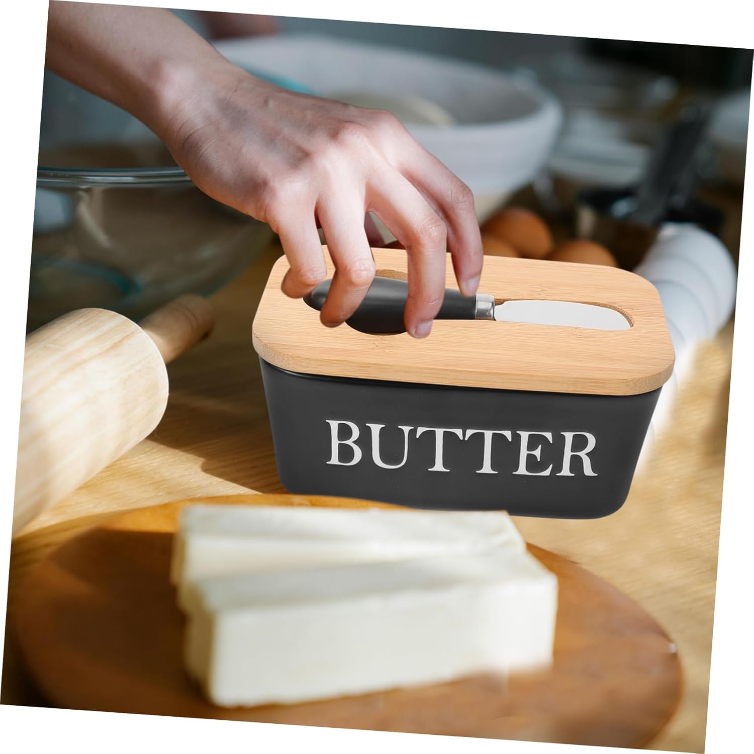 Ceramic Butter Dish with Lid for Fridge Butter Holder for Cheese Storage Kitchen Organizer with Knife for Home and Restaurants