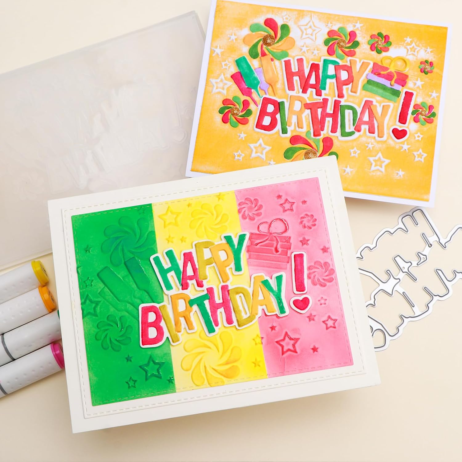 Briartw Happy Birthday 3D Embossing Folder with Coordinating Cutting Dies - Deep Textured Designs for Card Making, Scrapbooking, and Paper Crafts - Compatible with Most Die-Cutting Machines