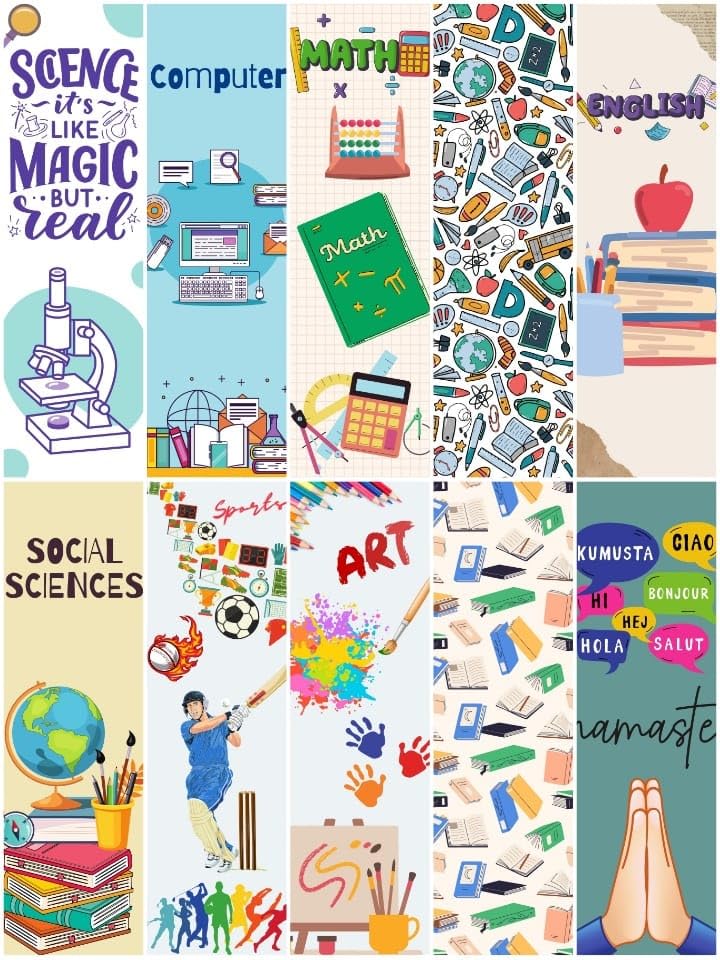 Image of CJ's Designer Class Subject Bookmark Set of 10 (7 x 2 INCHES) with Free Sticker - Perfect for Keeping Students Organized and Motivated, Multi-Color Bookmarks inch