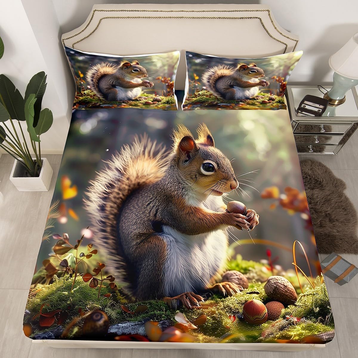 Cute Squirrel Bedding Set Full Size,3D Wild Animals Fitted Sheet 3Pcs for Kids Girls Boys Teens Bedroom Decor,Nature Jungle Tree View Bed Sheets Light Brown Green Deep Pocket Sheet,2 Pillowcases