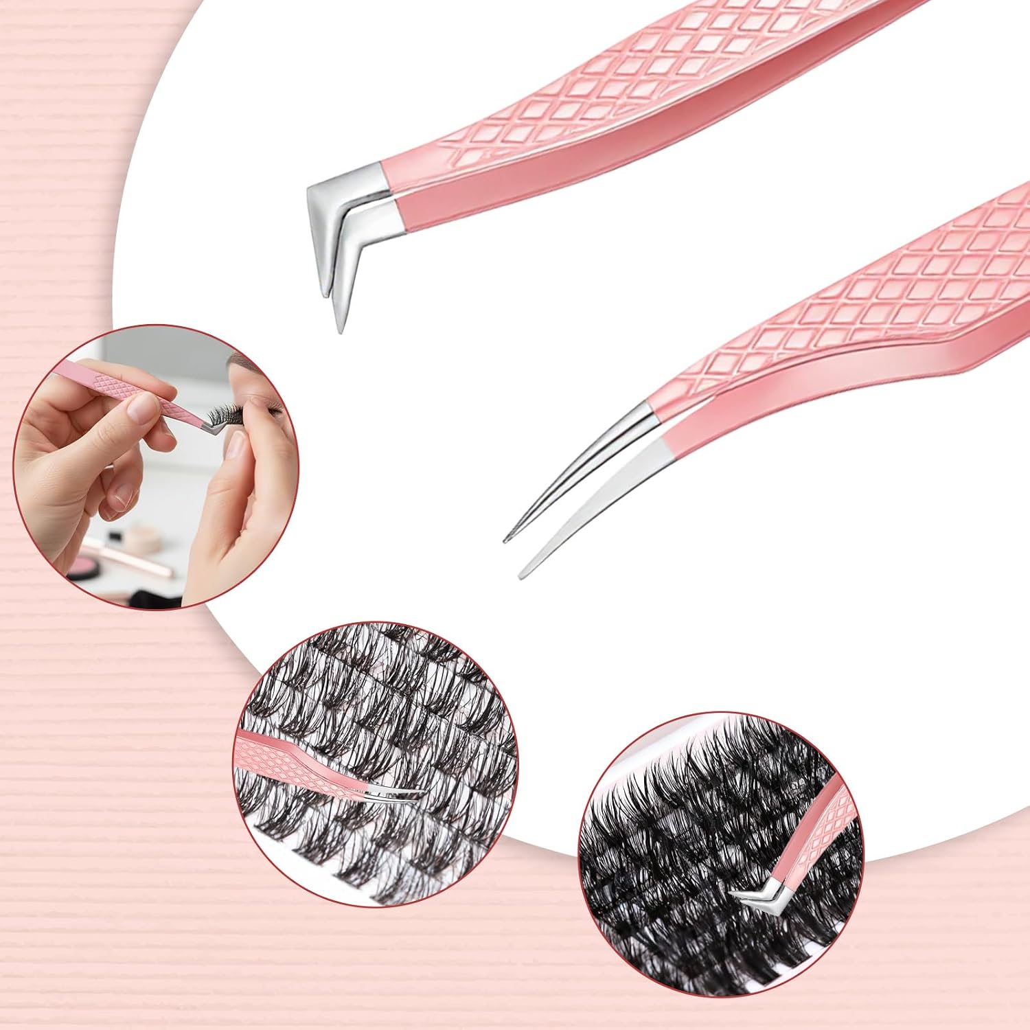 2 PCS Tweezers for Lashes, Pink Lash Tweezer Extensions, Metal Eyelash Tweezer with Diamond Fiber Grip for Volume Classic Eyelash Extension