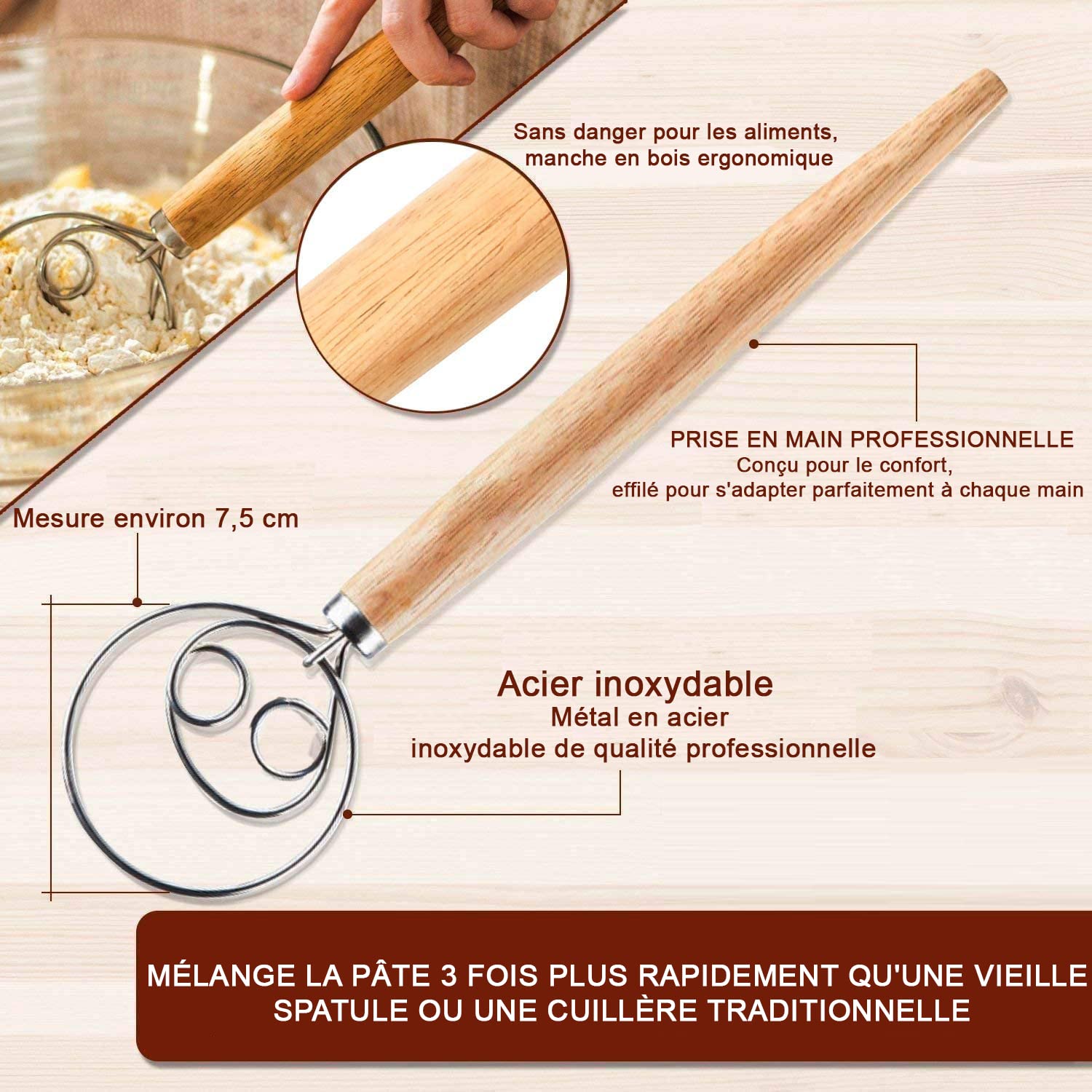 YAANI Lot de 2 paniers à pain ronds de 22 cm et 25 cm ovales pour banneton, corbeille à pain + manche en bois et racleur à pâte avec 5 lames + racleur à pâte en plastique +pour pain à levain