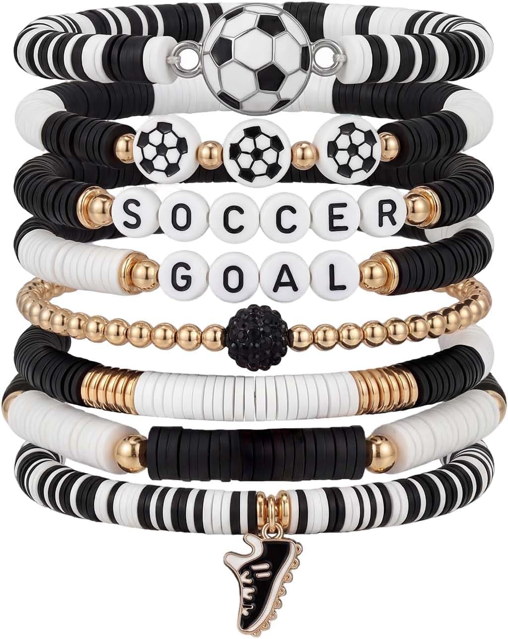 8 Pack Soccer Bracelets Stretch Football Bracelets Stackable Soccer Beaded Bracelets Game Day Sports Bracelets Soccer Gifts for Women Men Team Coaches Players Fans