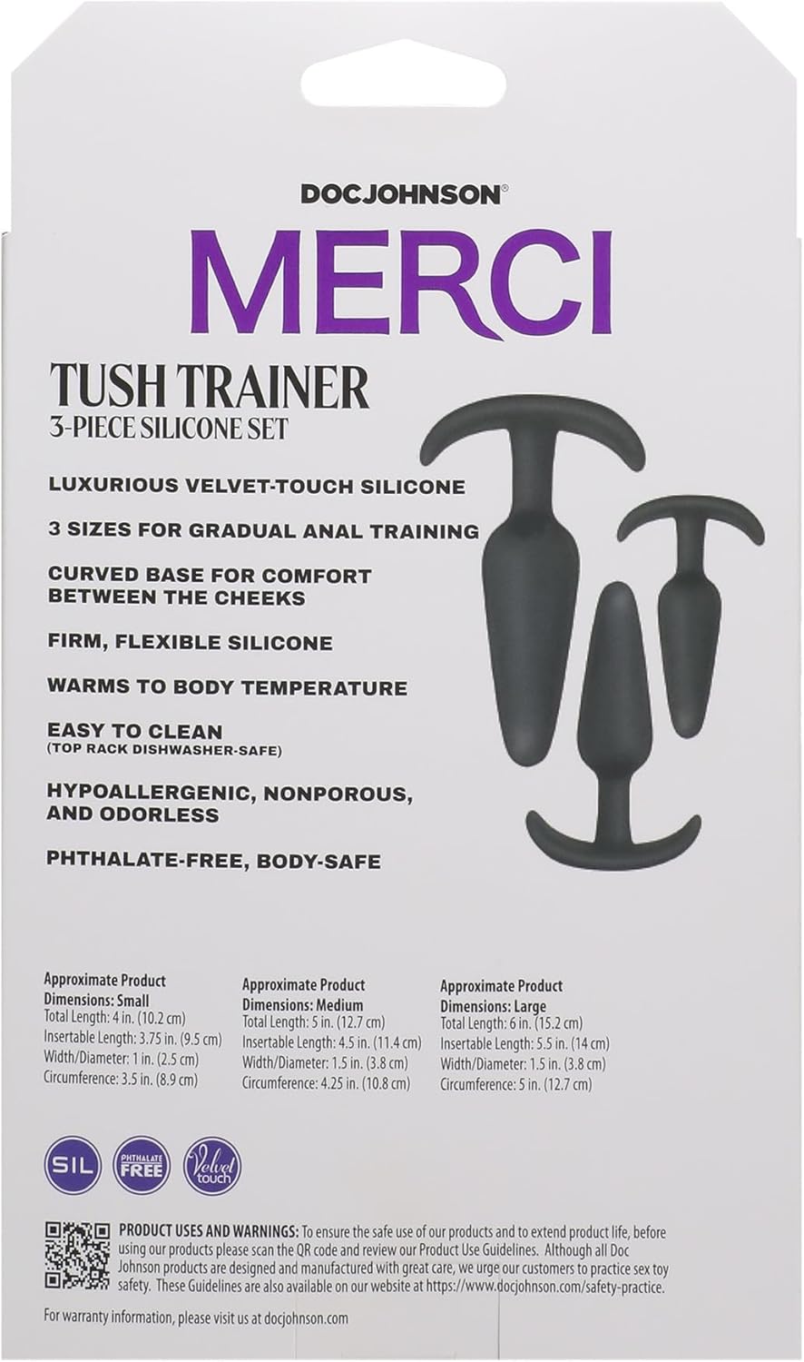 Doc Johnson Merci - Tush Trainer - 3 Piece Silicone Set - Medium, Large, Extra Large - Curved Base for Comfort - for Adults Only, Black