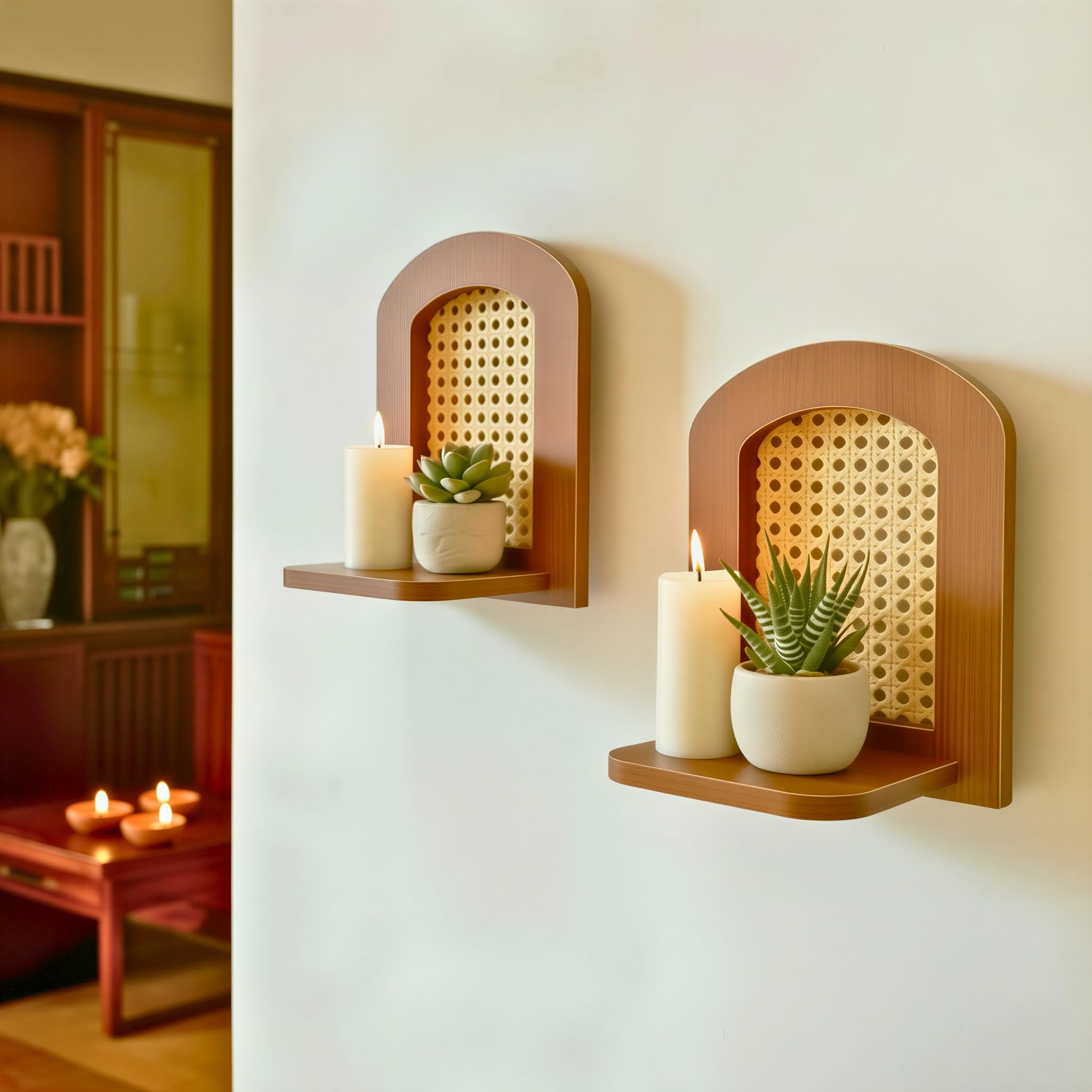 InoSlashed Engineered Wood Rattan Arched Wall Shelves - Set of 2 Boho Floating Display Shelves for Succulents, Crystals | Wall Mounted Shelf for Living Room & Bedroom (Grenada Pine)-image-49