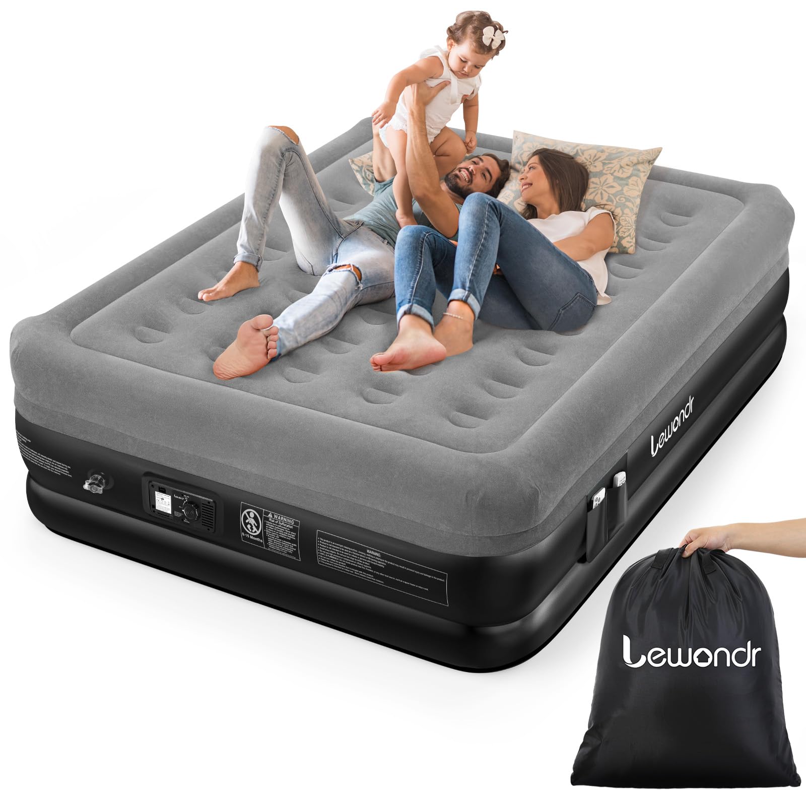 Lewondr Matelas Gonflable 2 Personnes avec Pompe Intégrée, 203x152x46CM Matelas Gonflable Rapide en 3 Minutes Lit Gonflable pour Camping Maison Invités Voyages(300kg Max), Gris