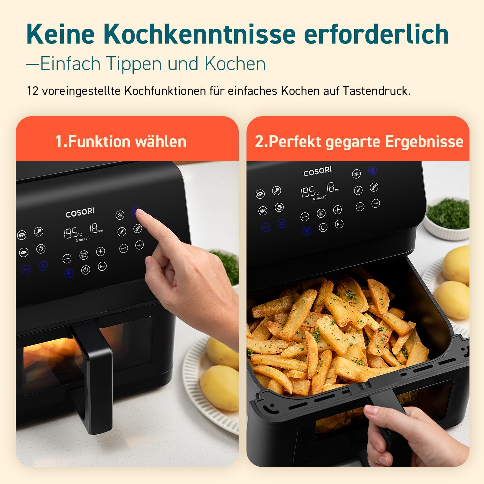 COSORI Airfryer, Heißluftfritteuse 6,2L mit Sichtfenster und Shake Reminder, 12-in-1 Heissluftfritteuse, Fritteuse 85 Prozent weniger Fett, 50 Rezepte, 55 Prozent energiesparend, einfache Reinigung