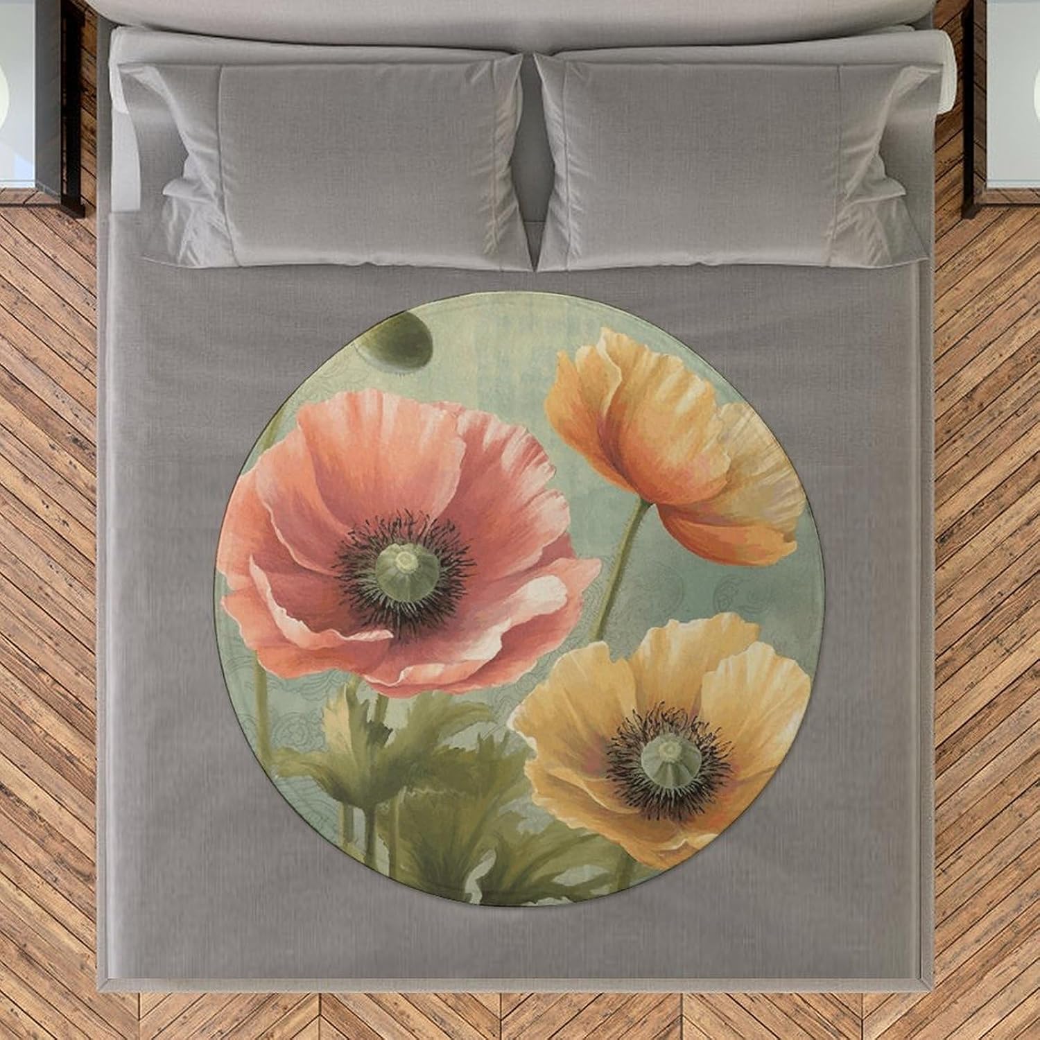 Pastel Poppies Blanket Round Beach Tapestry Flannel Round Tablecloth Boho Beach Blanket Home Decor Indie Rug Comfortable Yoga Mat for Multi Scenario Usage