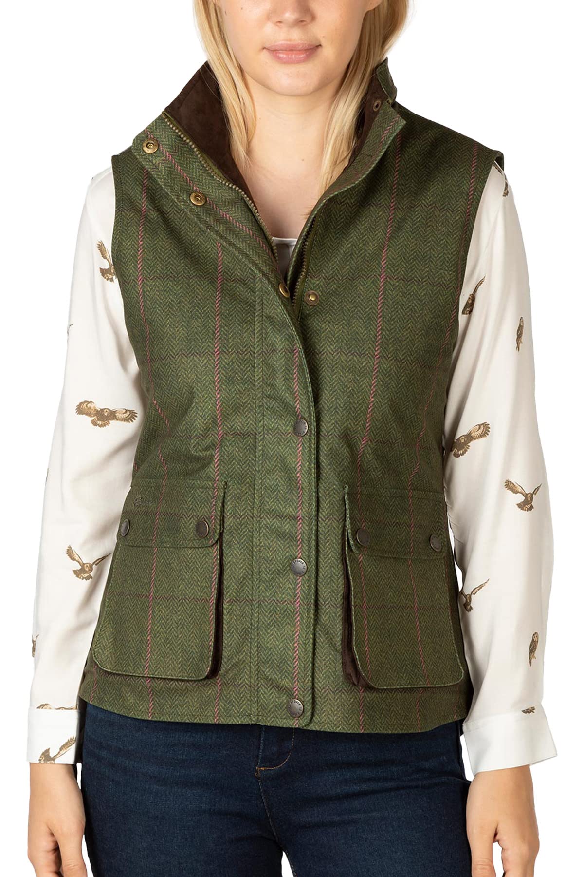 Rydale Women's Olive Tweed Print Waterproof Gilet Tweed Waistcoat Hunting Vest Bodywarmer 2 Colours (As8, Numeric, Numeric_12, Regular, Regular, )