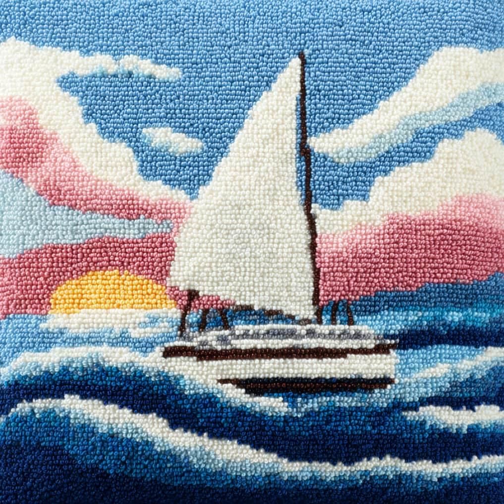 WallustrioaW Latch Hook Pillow Kit -Sailboat Embroidery Art Craft Kit - All Ages - Unisex - 43X43Cm