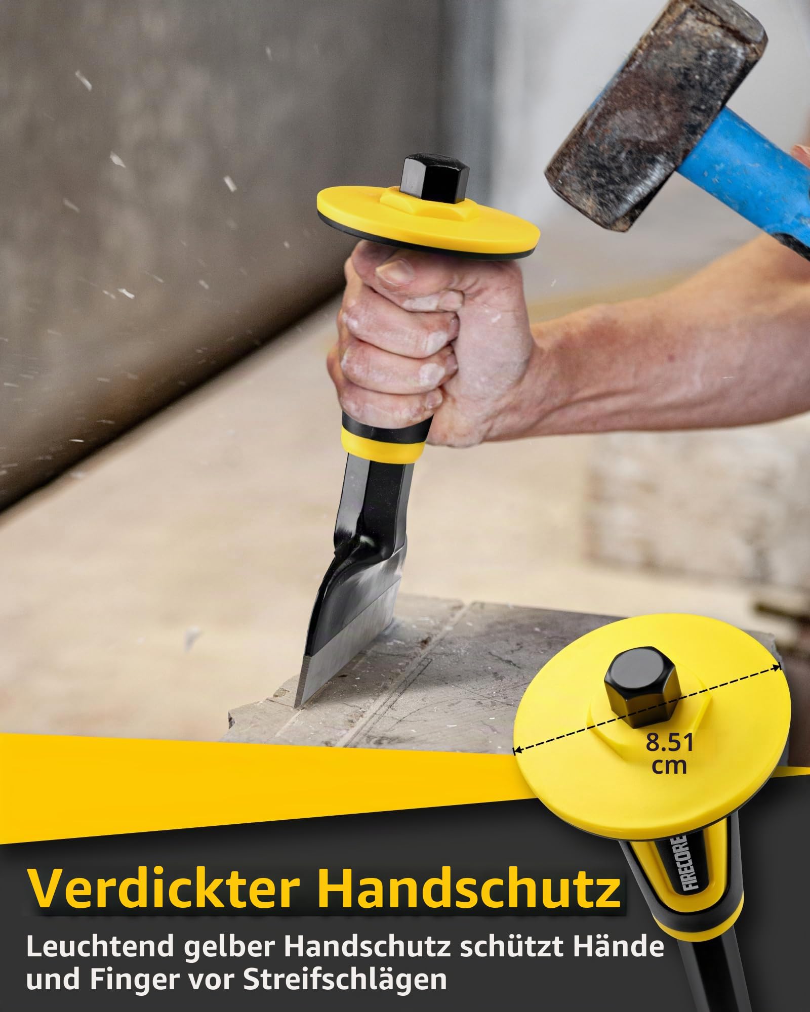 Meißel-Set für Gestein, 3 Meißel für Mauerwerk von Firecore mit Handschutz, robuster Flachmeißel für Beton, Stein, Ziegel, Gestein, Mörtel, Brechen, Schnitzen, Teilen, Schneiden