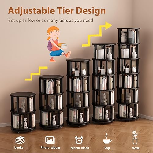 Miniatura 7 de Estantería giratoria de madera maciza con ruedas, 6 niveles, estantería giratoria redonda, torre giratoria de 360 para niños, estanterías