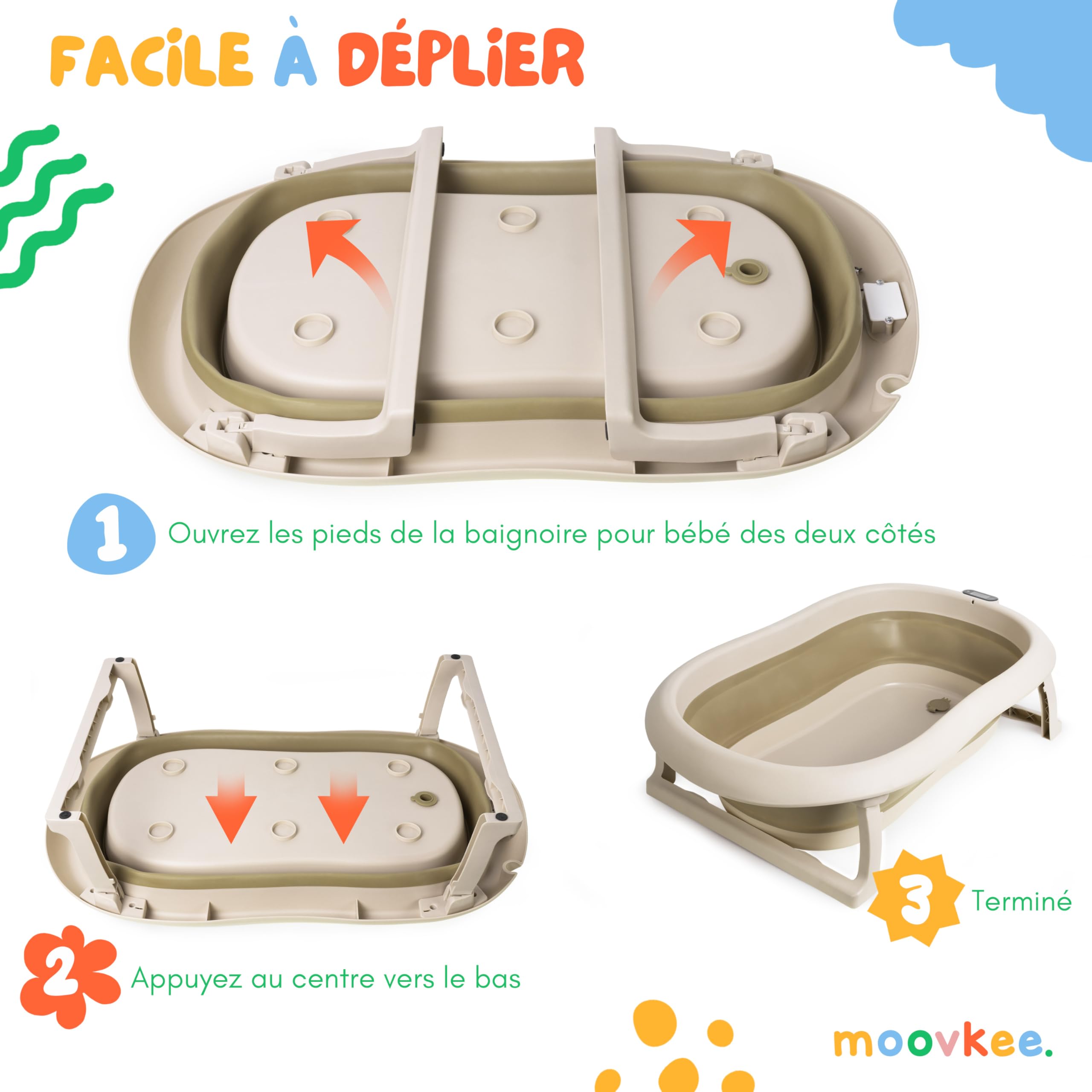 Baignoire bébé pliable 80 cm avec thermomètre et siège de bain antidérapante 0-36 mois