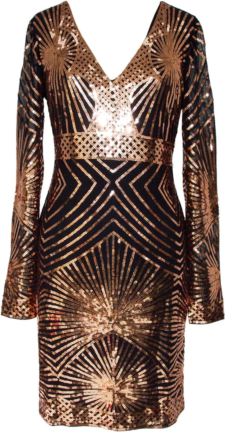 MISSCHEN Women's V Neck Sequin Bodycon Midi Dress Long Sleeve Stretchy Sparkly Cocktail Evening Party Gown