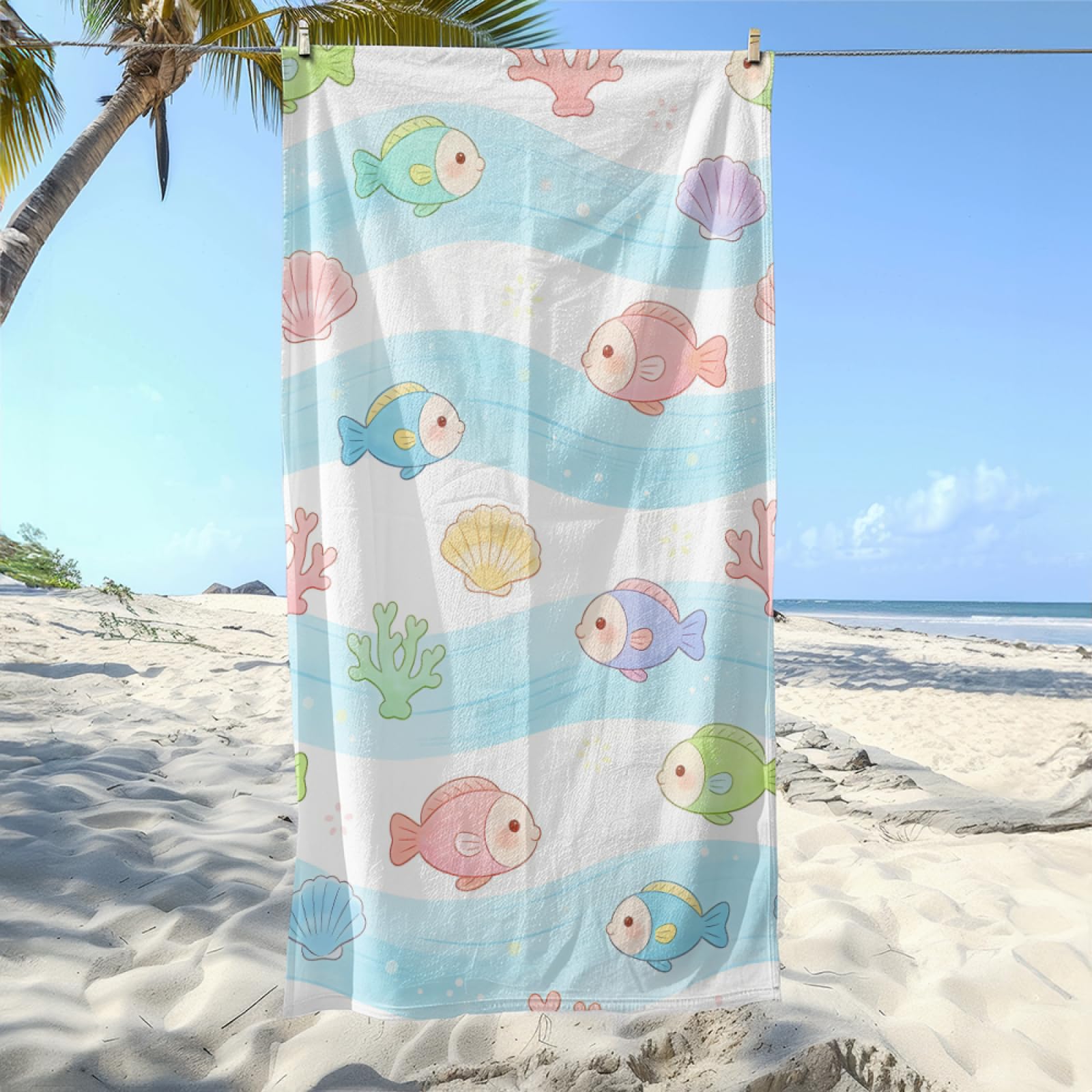 Drap de Plage XXL 200X200 Poisson Rose Dessin Animé Serviettes de Plage en Microfibre,Serviette Piscine Extra Large sans Sable pour Adultes Séchage Rapide