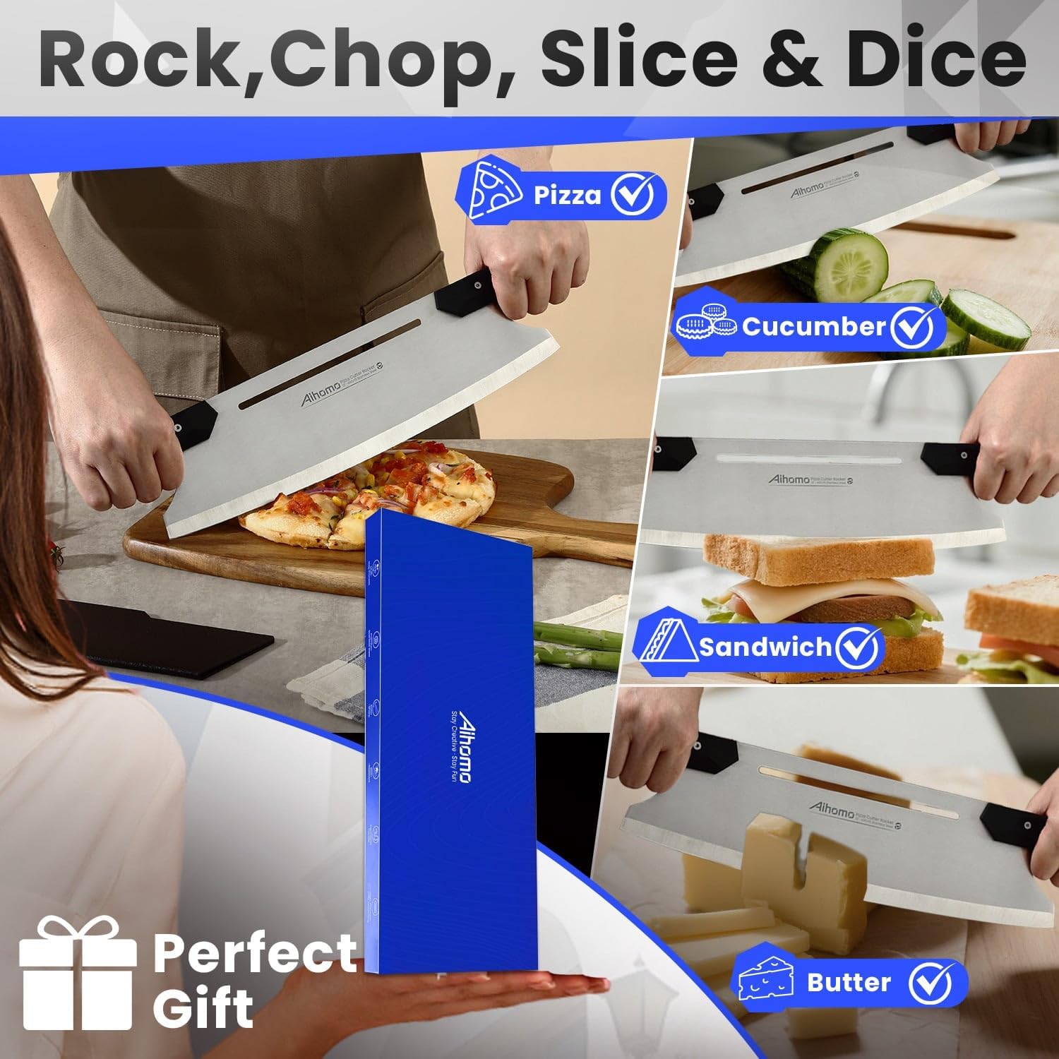 13 Inch Pizza Cutter Rocker Blade, Sharp Pizza Rocker Knife 420J1 Japanese Stainless Steel, Dishwasher Safe Pizza Cutter Slicer with Protective Cover, Multipurpose for Pizza, Cheese, Cake