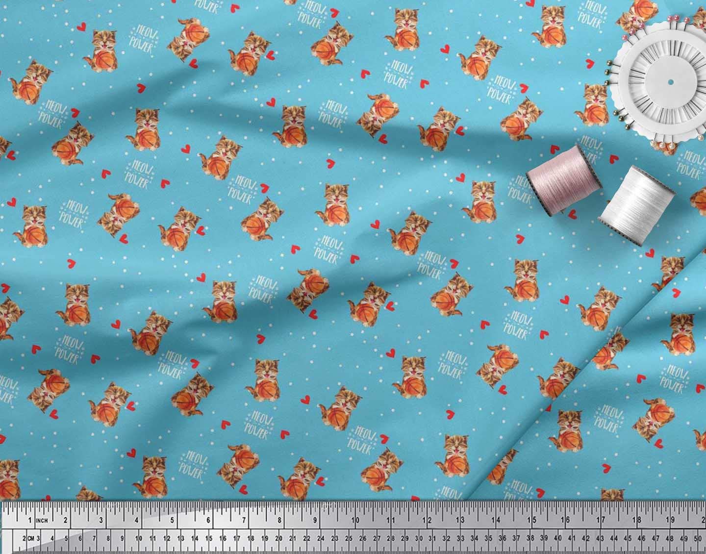 Soimoi Blau Poly Krepp Stoff – 42 Zoll Breit Mit Blumen, Ratte & Katze Karikatur-Druck