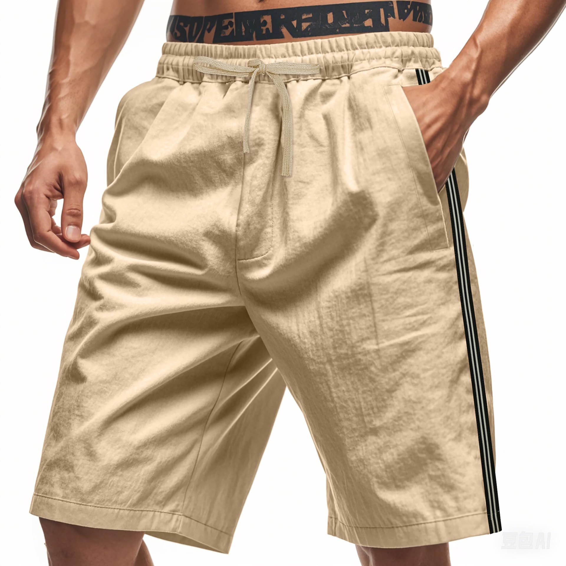 Mens Summer Striped Shorts Solid Color Elastic Waist Drawstring Beach Pants with Pockets Sports Fitness Pants