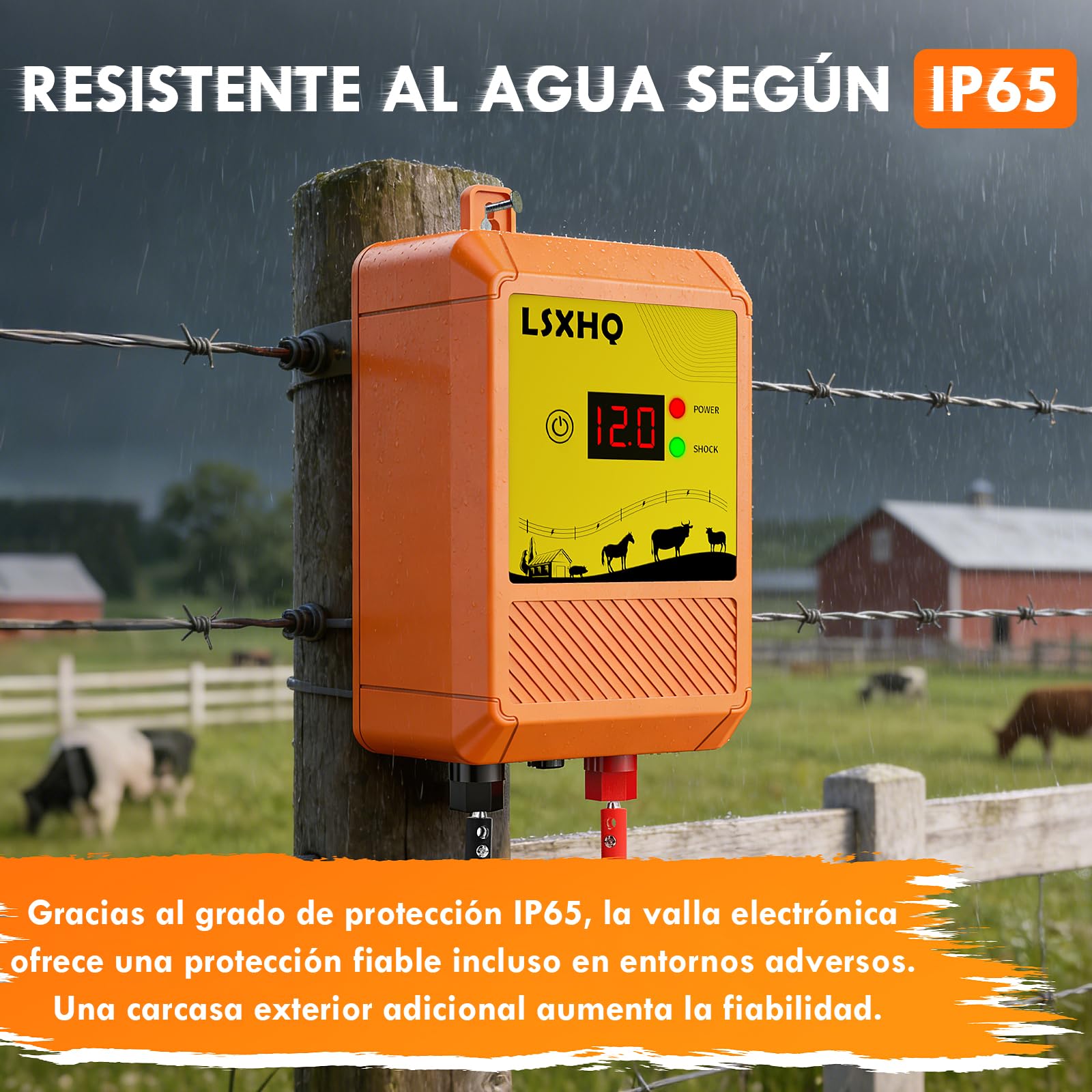 10 km Cerca Eléctrica para Ganado y Animales, Energizador de Cerca Eléctrica de Corriente de Salida 12 kV 2,0 J con Pantalla LED, Protección para Caballos, Ovejas, Jardín, Pastos y Granja (Naranja)