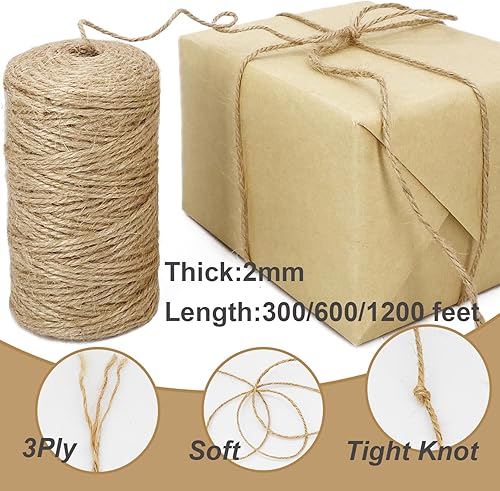 Miniatura 2 de Cordel de yute natural de 0.079 in de 600 pies, 3 capas, cuerda trenzada resistente, cinta marrón para artes, manualidades, tarros de masón,