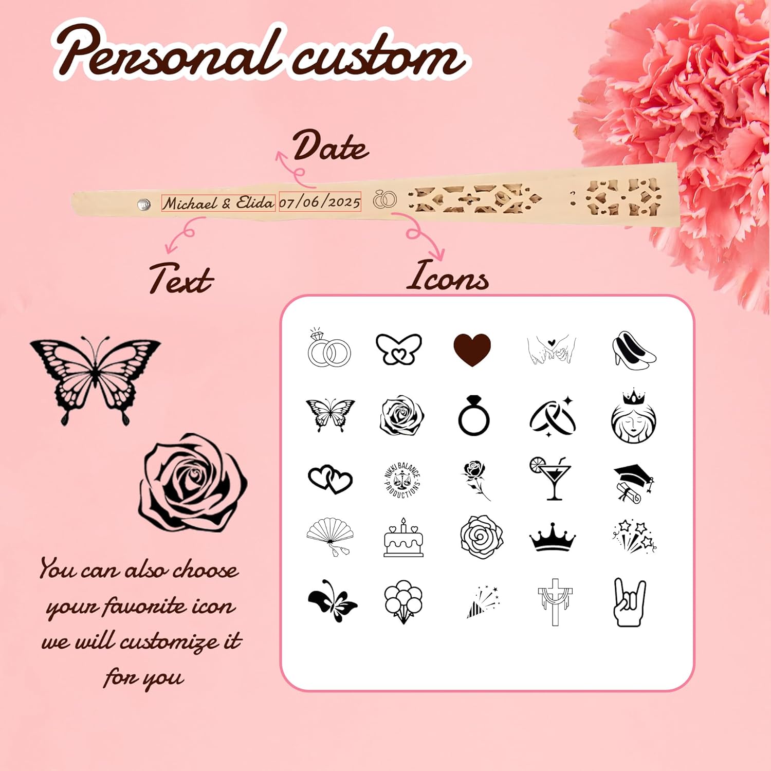 MBDFUT 50Pcs Personalized Sandalwood Hand Fans with Organza Bags - Foldable Custom Wooden Fans - Wedding Party Favors for Guests