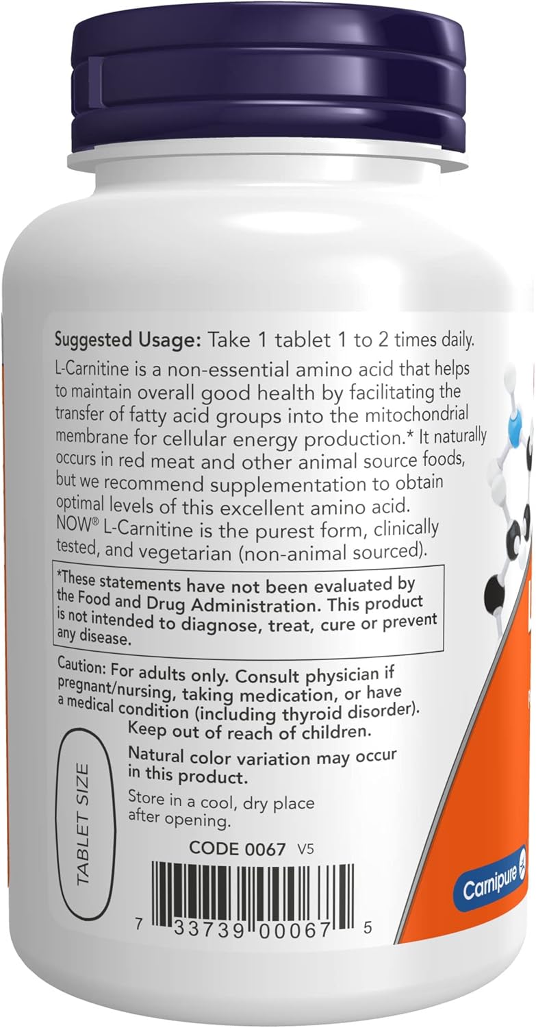 NOW Supplements, L-Carnitine 1,000 mg, Purest Form, Amino Acid, Fitness Support*, 50 Tablets : Health & Household