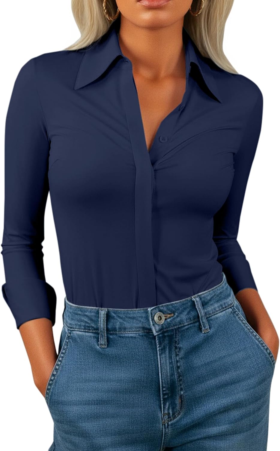 Button Down Shirts for Women Slim Fit Long Sleeve Stretch Dress Shirts Work Shirt W... - Image 4