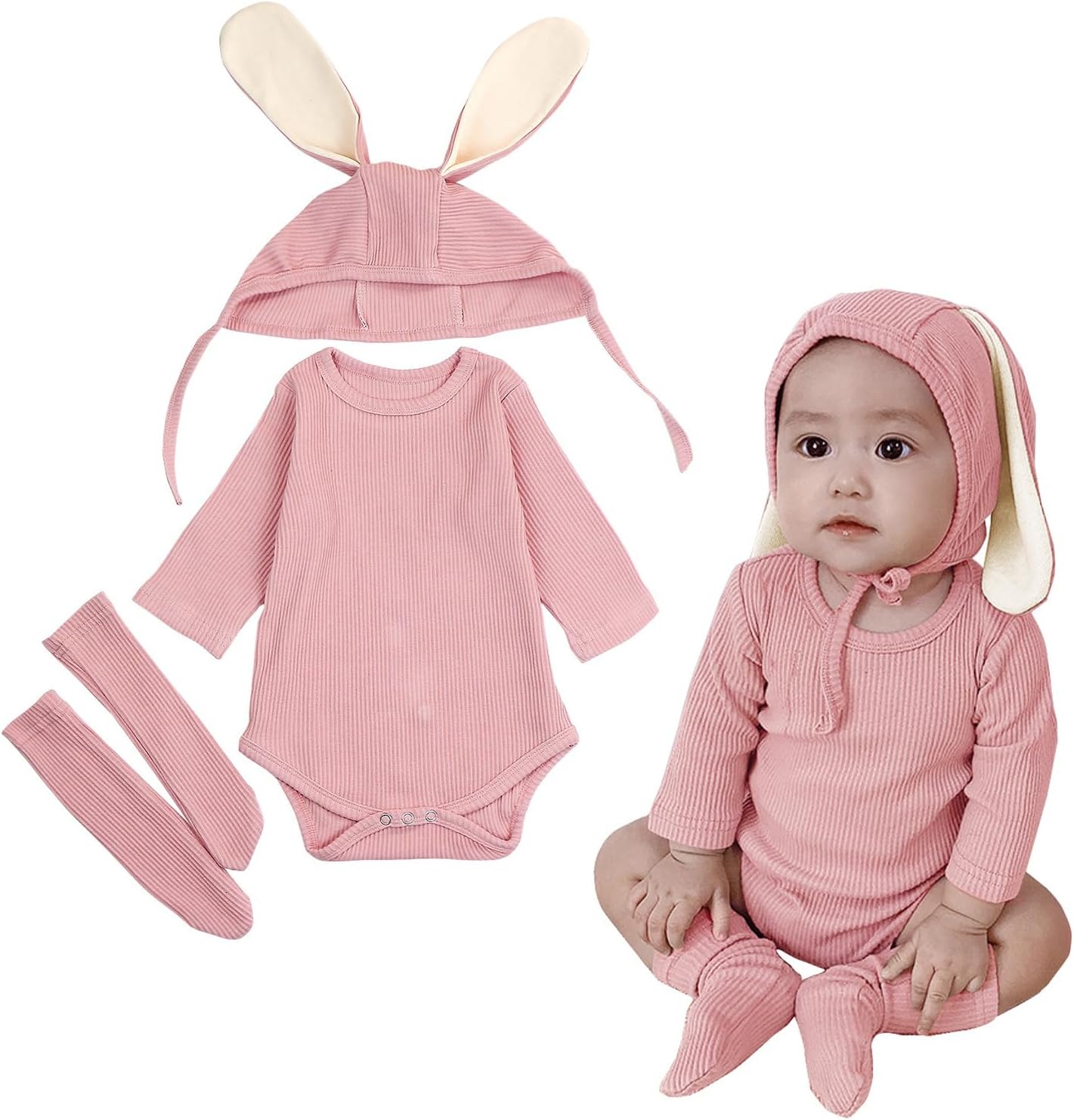 AGQT Baby Girls Easter Bunny Outfit Set Halloween Costume Rabbit Ear 3PCS Long Sleeve Animal Romper With Socks And Bunny Hat Pink Size 6-12 Months - Image 2