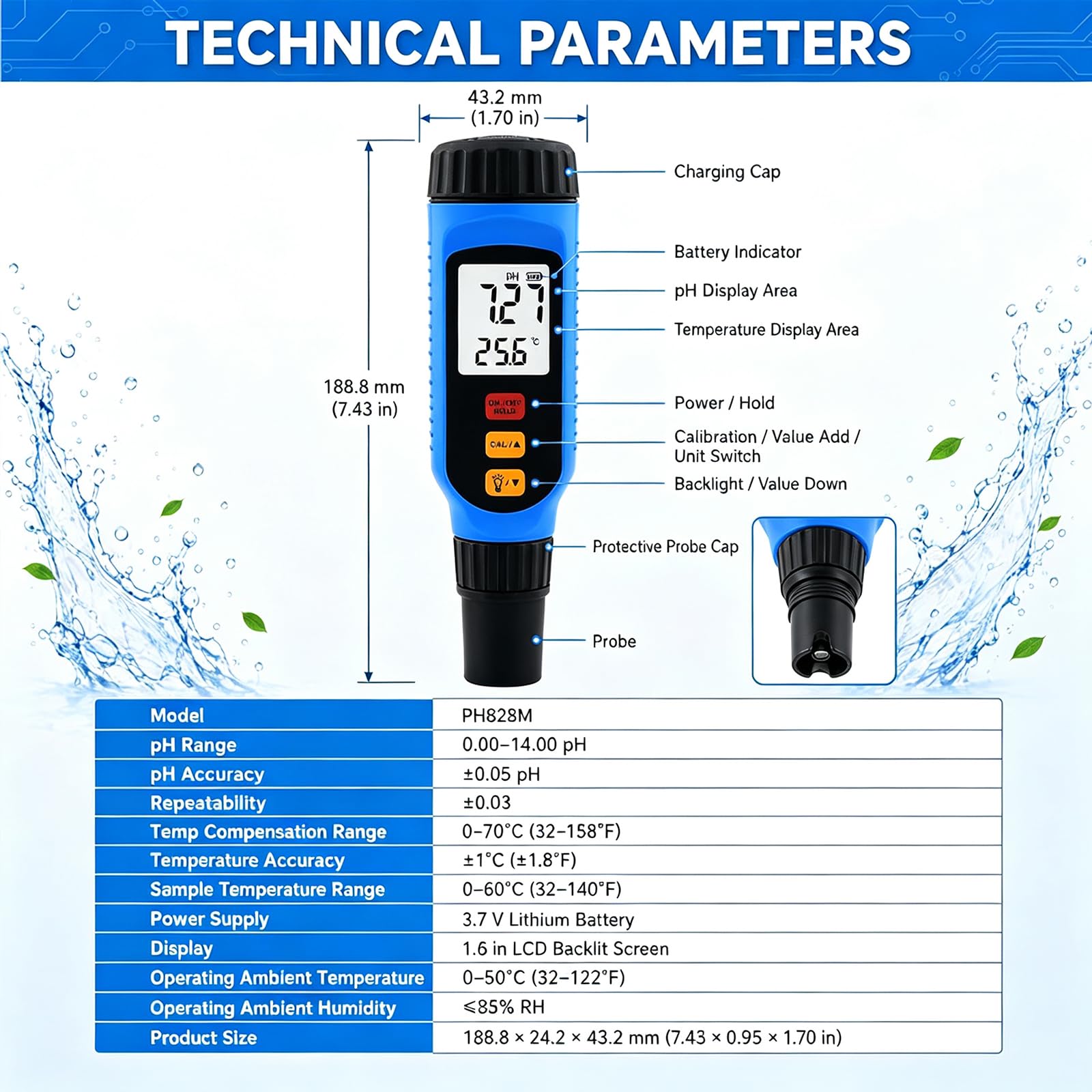 Medidor De Ph con Sonda Plana Ip65, Probador Digital De Superficies con ATC, Calibración De Tres Puntos Y Función De Retención De Datos; Mide El Ph En Líquidos, Tejidos, Cuero Y Pieles