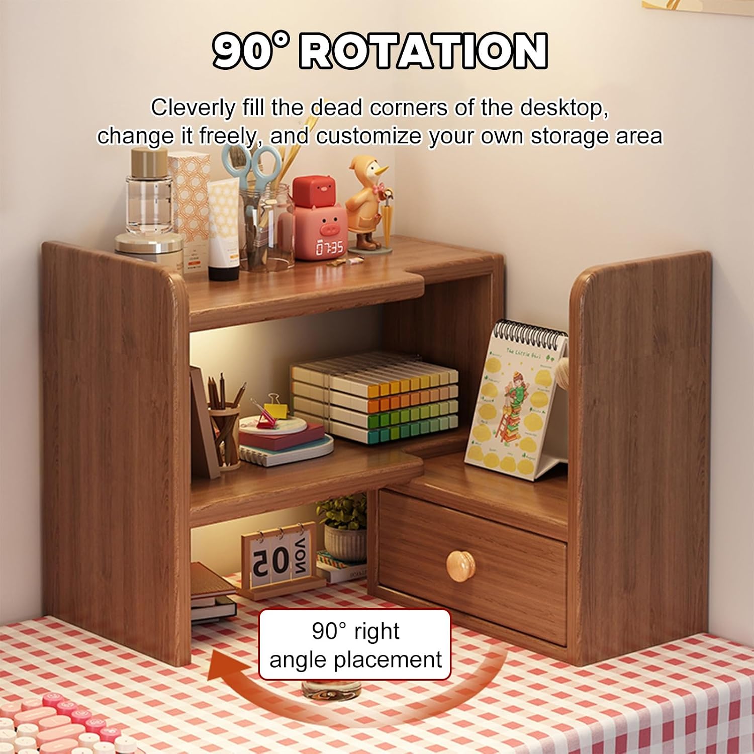 3-Tier Wooden Dorm Desktop Bookshelf with 2 Storage Display Rack,Freestanding Bookcase for Computer Desk,Top Organizer Shelf Home Office,Corner Bookshelf,for Dorm, Office, Home