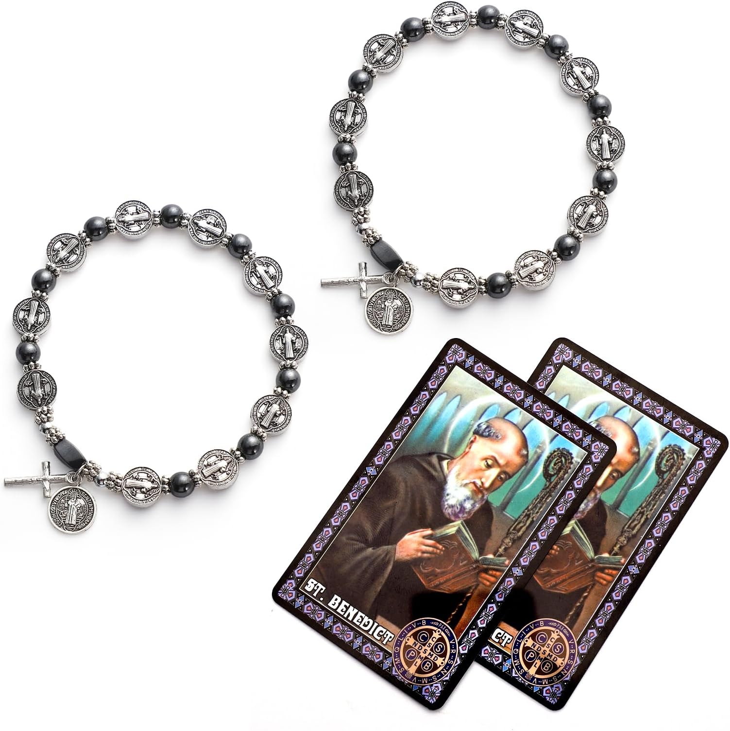 2 Pcs St Benedict Bracelets with Saint Benedict Medals and Crucifix,Catholic Rosary Bracelet with Prayer Card for Women Men Gift,Medalla De San Benito Rosary Jewelry