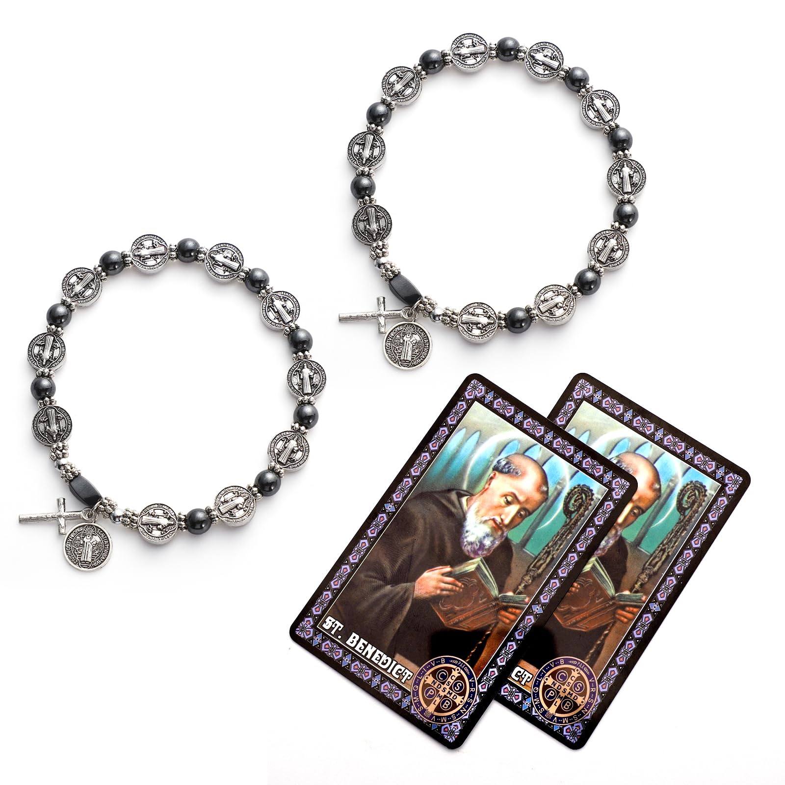 Brilucky2 Pcs St Benedict Bracelets with Saint Benedict Medals and Crucifix,Catholic Rosary Bracelet with Prayer Card for Women Men Gift,Medalla De San Benito Rosary Jewelry
