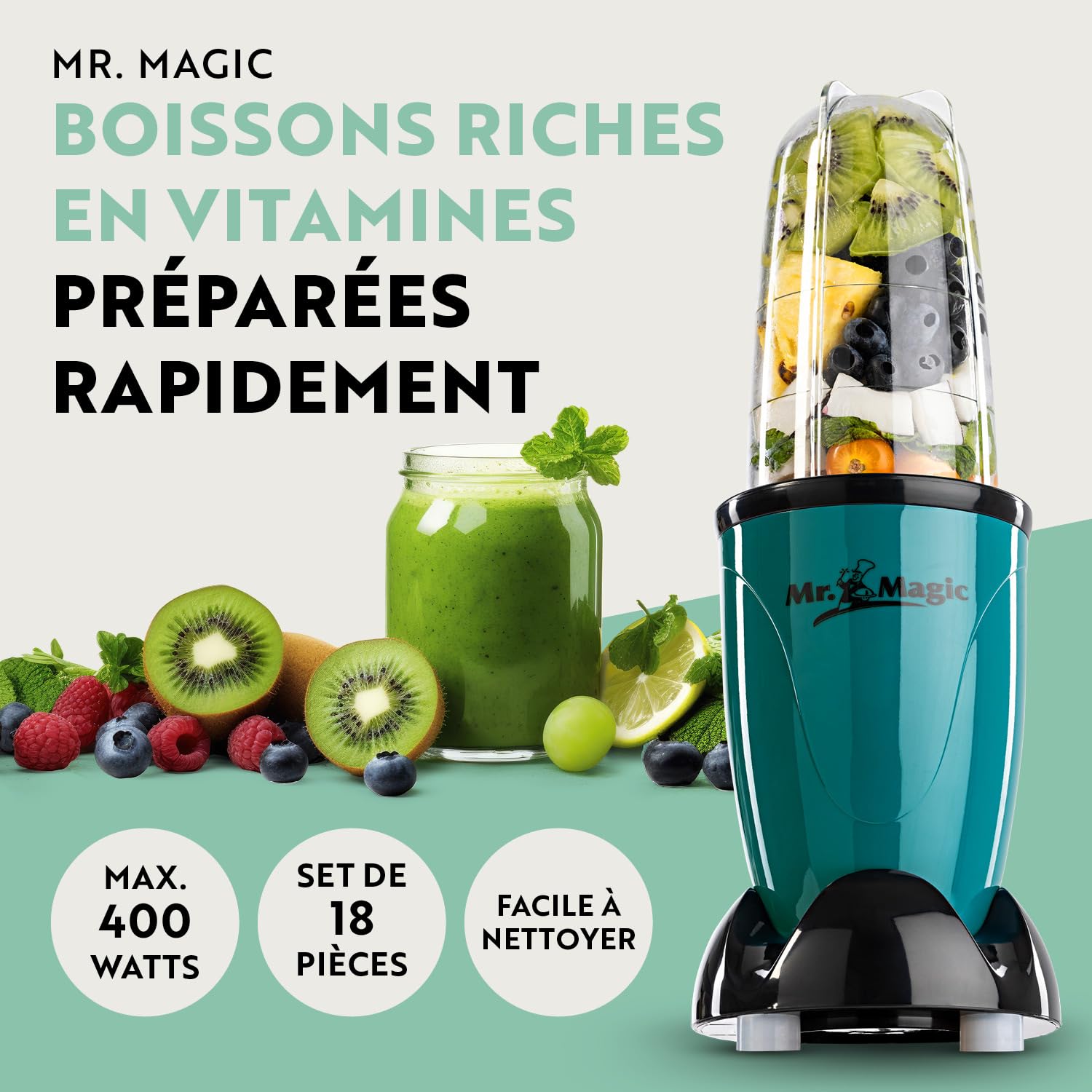 GOURMETmaxx Mr. Magic Mixer | Smoothie Maker avec paquet d'accessoires XXL | 18 pièces | Blender avec couvercles anti-fuite pour conserver la fraîcheur | Pour shakes, smoothies etc.