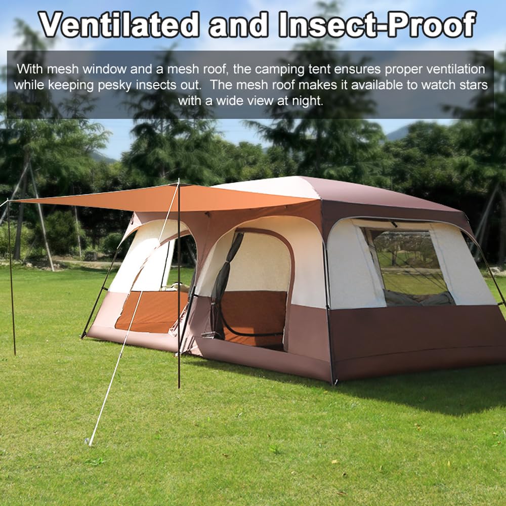 Tente de Camping de Voyage avec 2 Chambres, Grande Cabine Familiale, Respirante et Imperméable pour Camping en Plein Air, Randonnée, Plage
