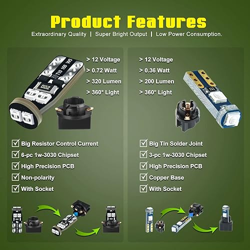 Miniatura 5 de Verde T5 PC74 PC37 PC118 T10 PC168 PC175 PC194 PC194G PC195 PC160 PC161 Instrumento Cluster Light Bombilla LED Reemplazo 37 74 73 2723 2721 158 168