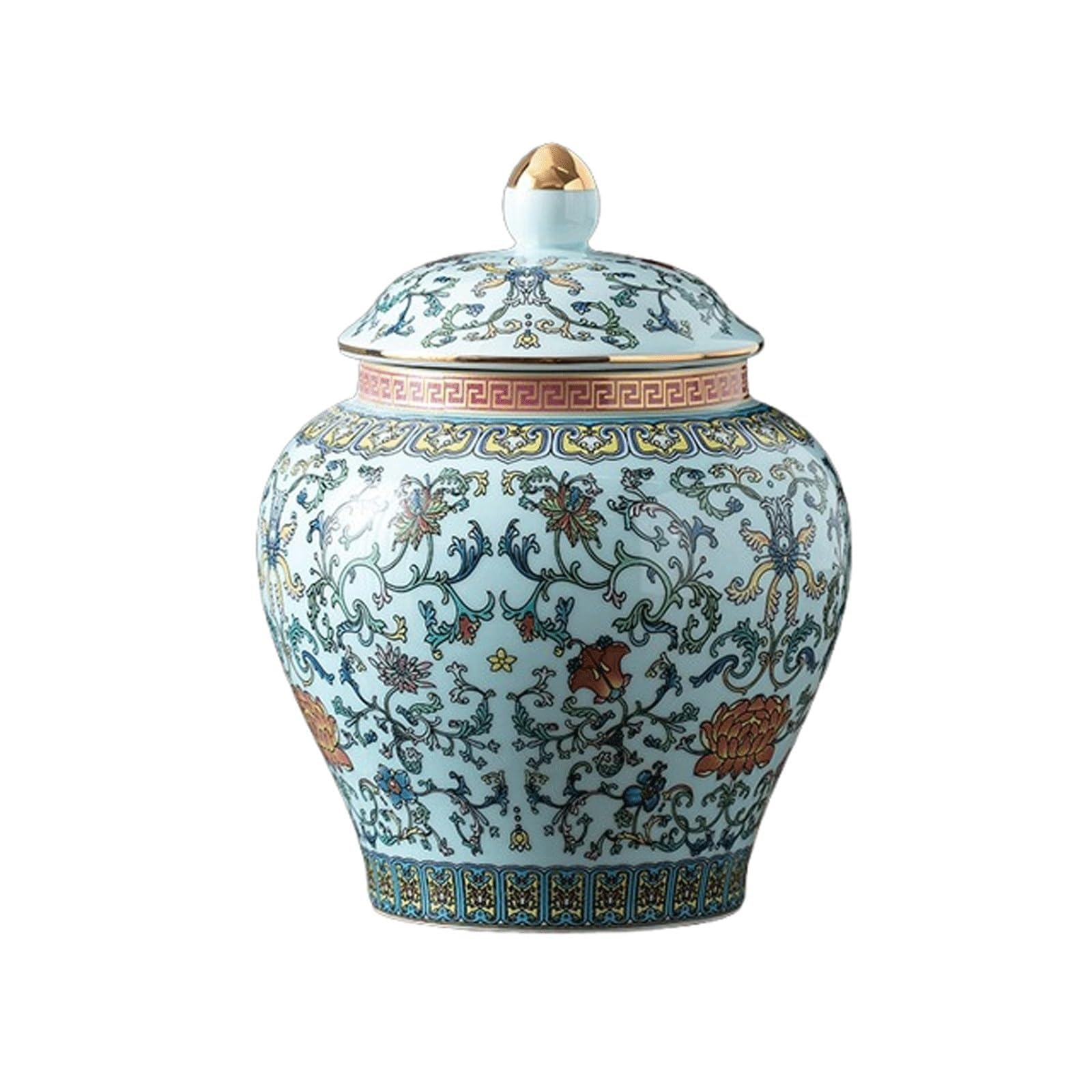Chinoiserie Ginger Jar with Lid, Storage Jar for Home Decor Temple Jar, Floral Ceramic Decorative Flower Vase Traditional Decorative Jar(Light Blue)