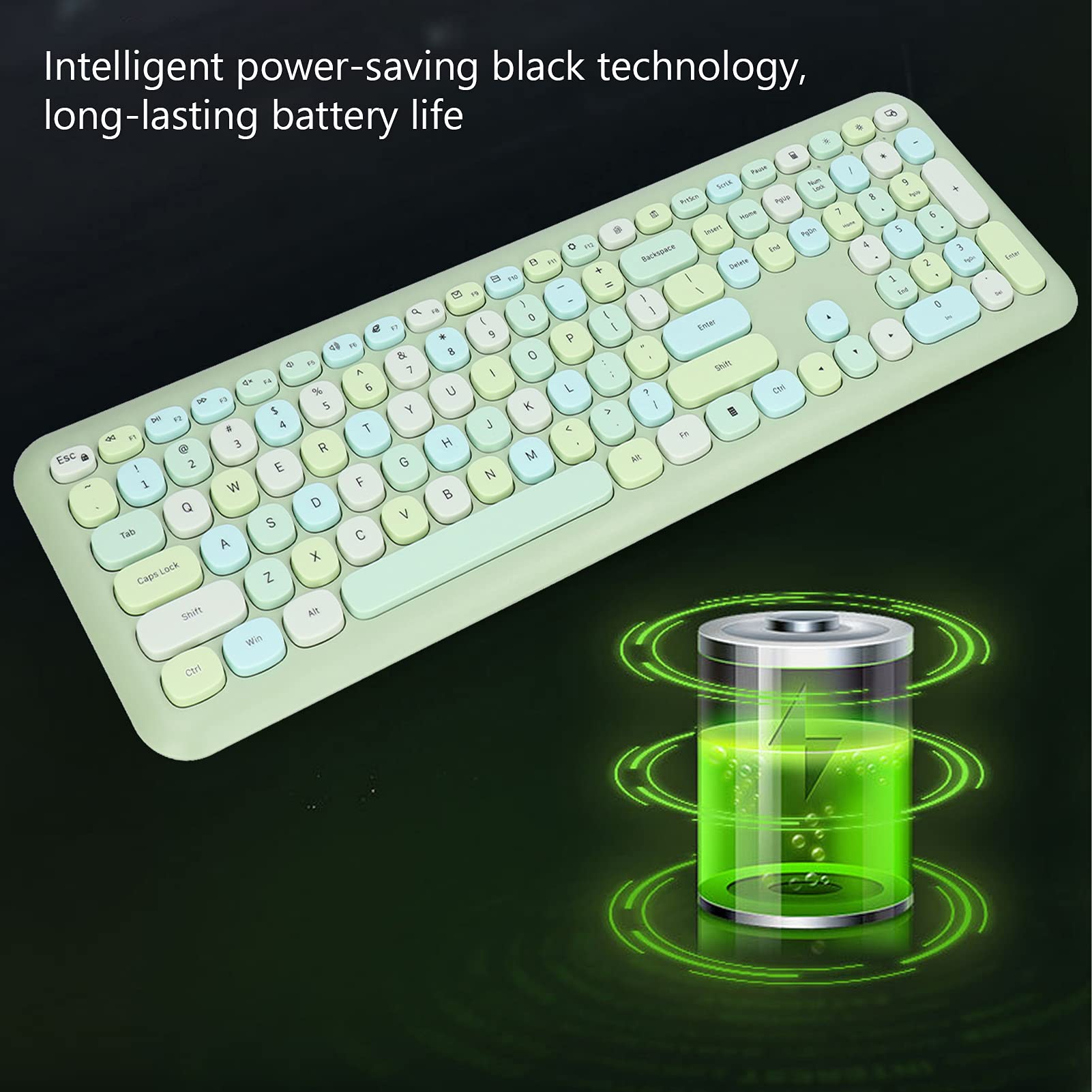 Ensemble Clavier Et Souris Sans Fil Rétro Vert - Clavier 110 Touches Style Machine à Écrire, Souris Ergonomique Silencieuse 2.4GHz, Batterie Longue Durée